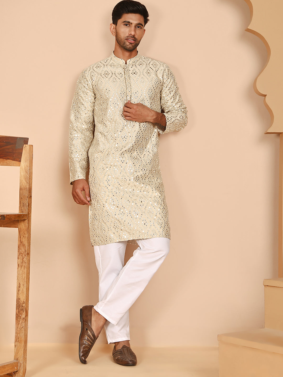 Traditional Mirror Embroidered Kurta Set for Men ( JOKP P 5269 P 5269 Cream ) [FF] [I-1-4]
