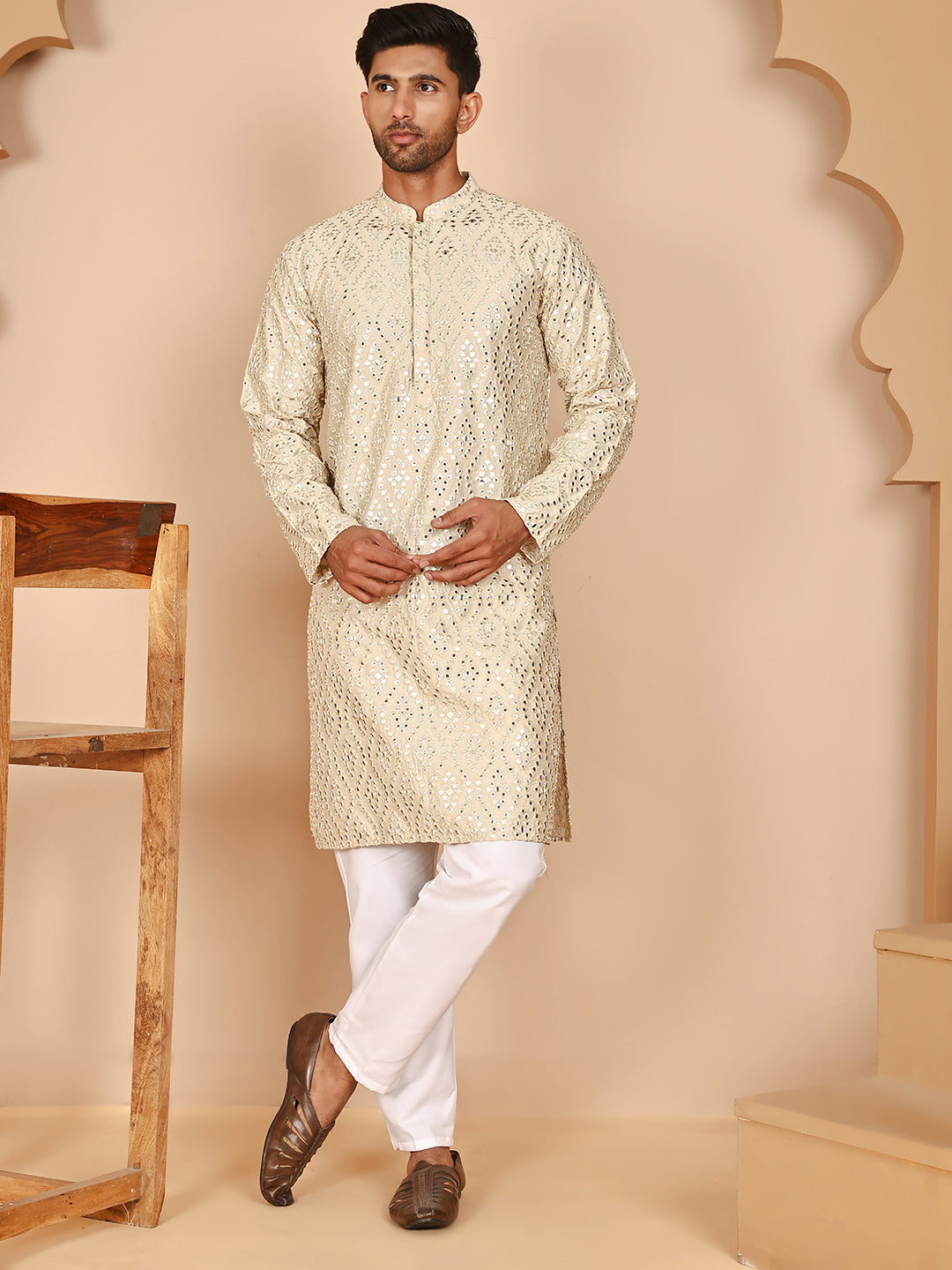 Traditional Mirror Embroidered Kurta Set for Men ( JOKP P 5269 P 5269 Cream ) [FF] [I-1-4]