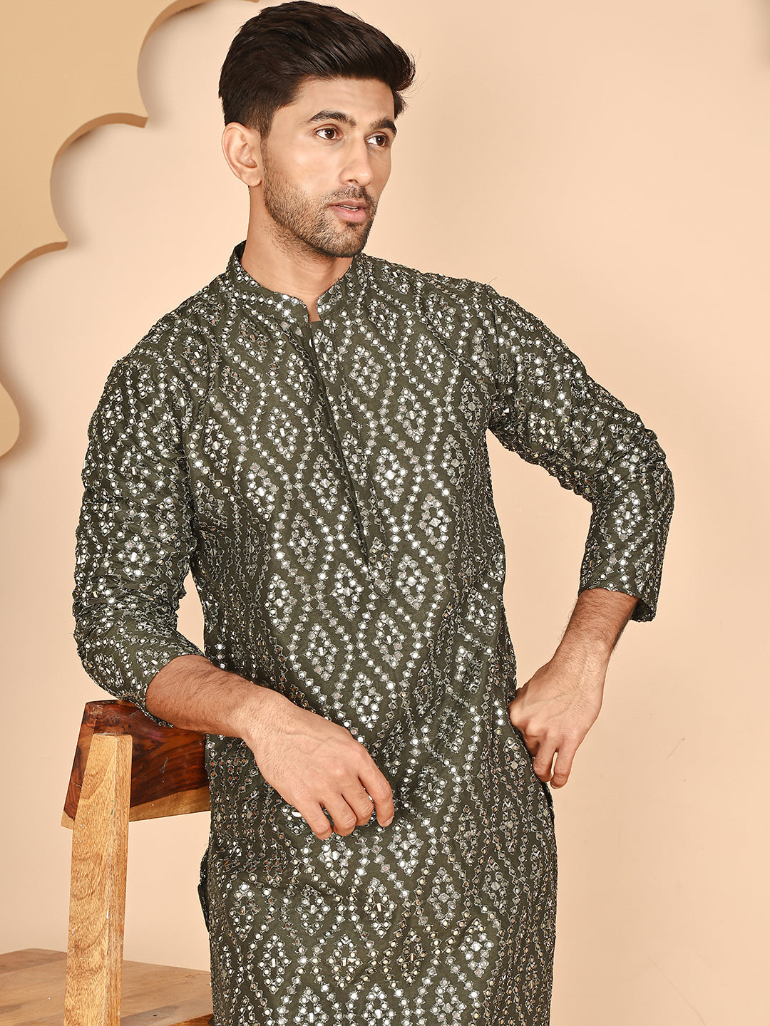 Traditional Mirror Embroidered Kurta Set for Men ( JOKP P 5269 P 5269 Olive ) [FF] [I-1-4]