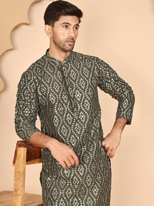 Traditional Mirror Embroidered Kurta Set for Men ( JOKP P 5269 P 5269 Olive ) [FF] [I-1-4]
