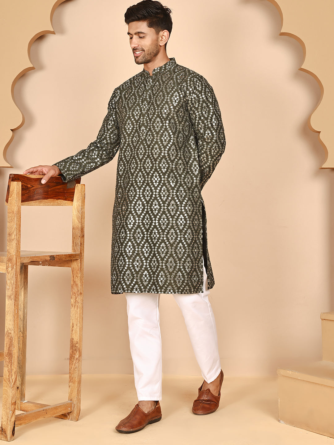 Traditional Mirror Embroidered Kurta Set for Men ( JOKP P 5269 P 5269 Olive ) [FF] [I-1-4]