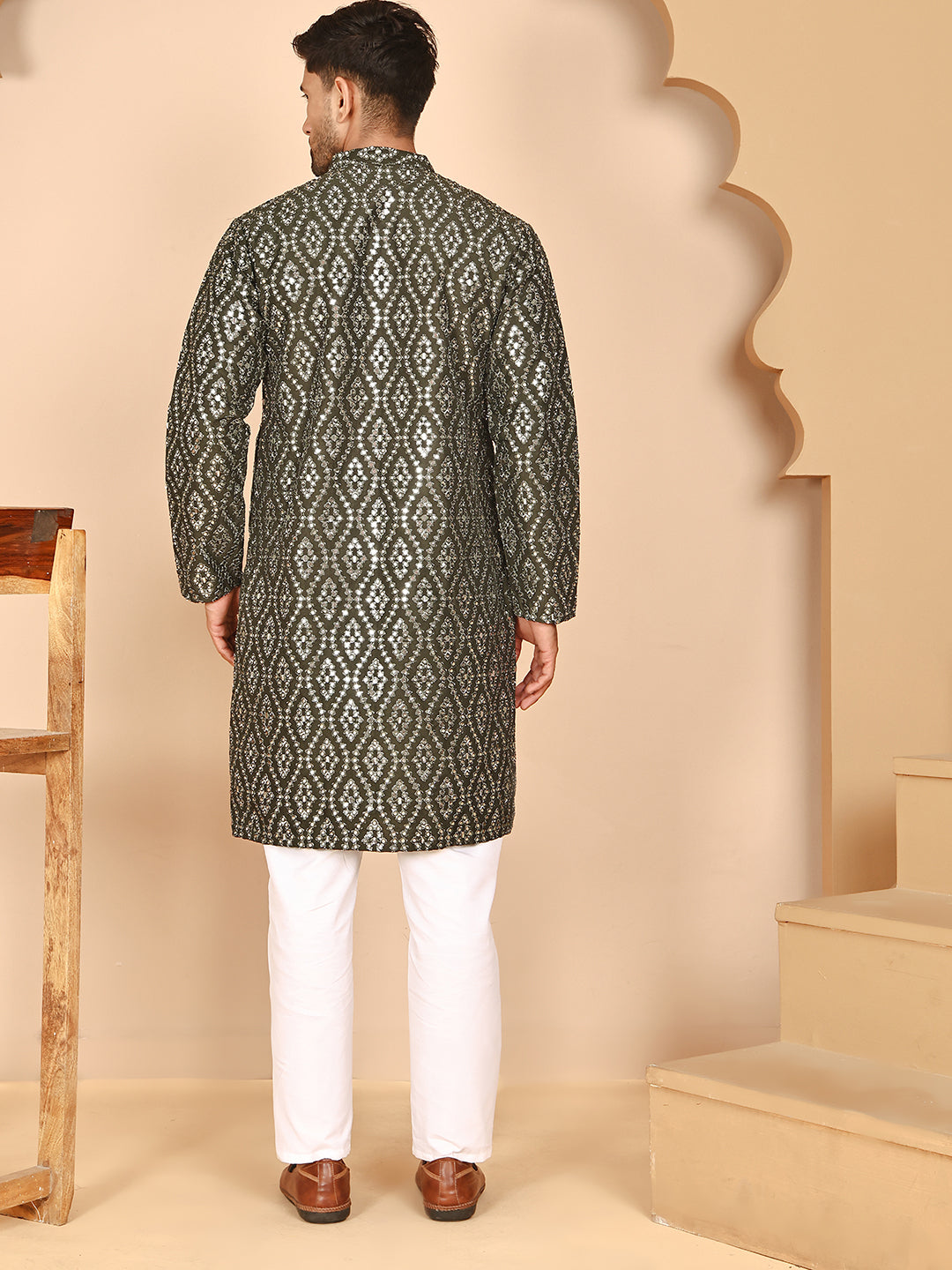Traditional Mirror Embroidered Kurta Set for Men ( JOKP P 5269 P 5269 Olive ) [FF] [I-1-4]