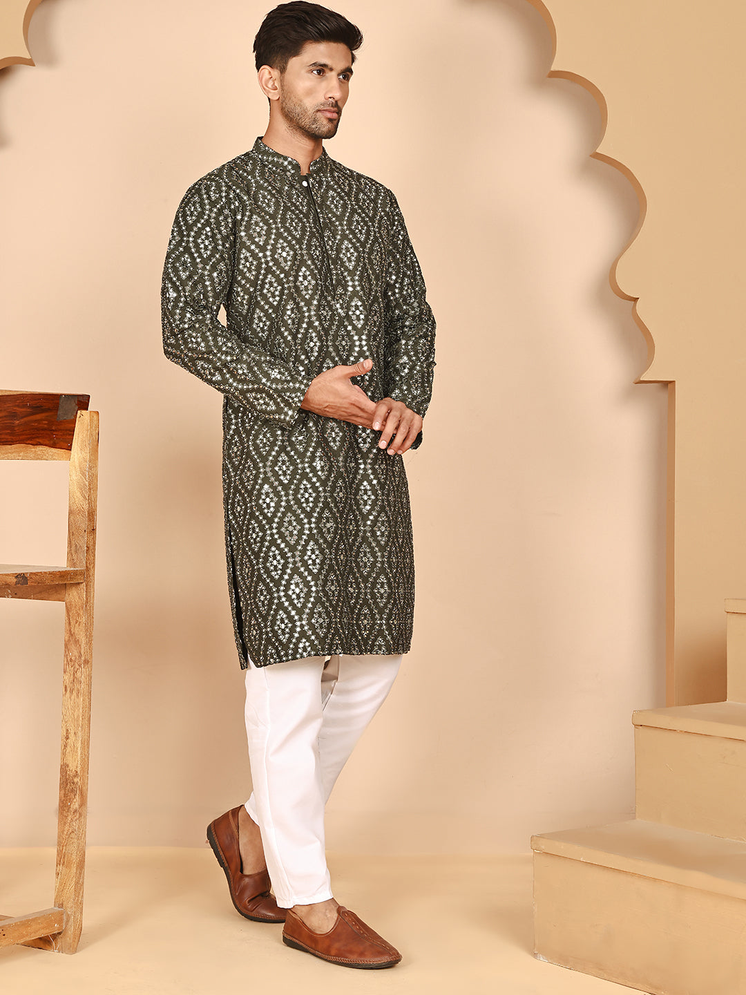 Traditional Mirror Embroidered Kurta Set for Men ( JOKP P 5269 P 5269 Olive ) [FF] [I-1-4]