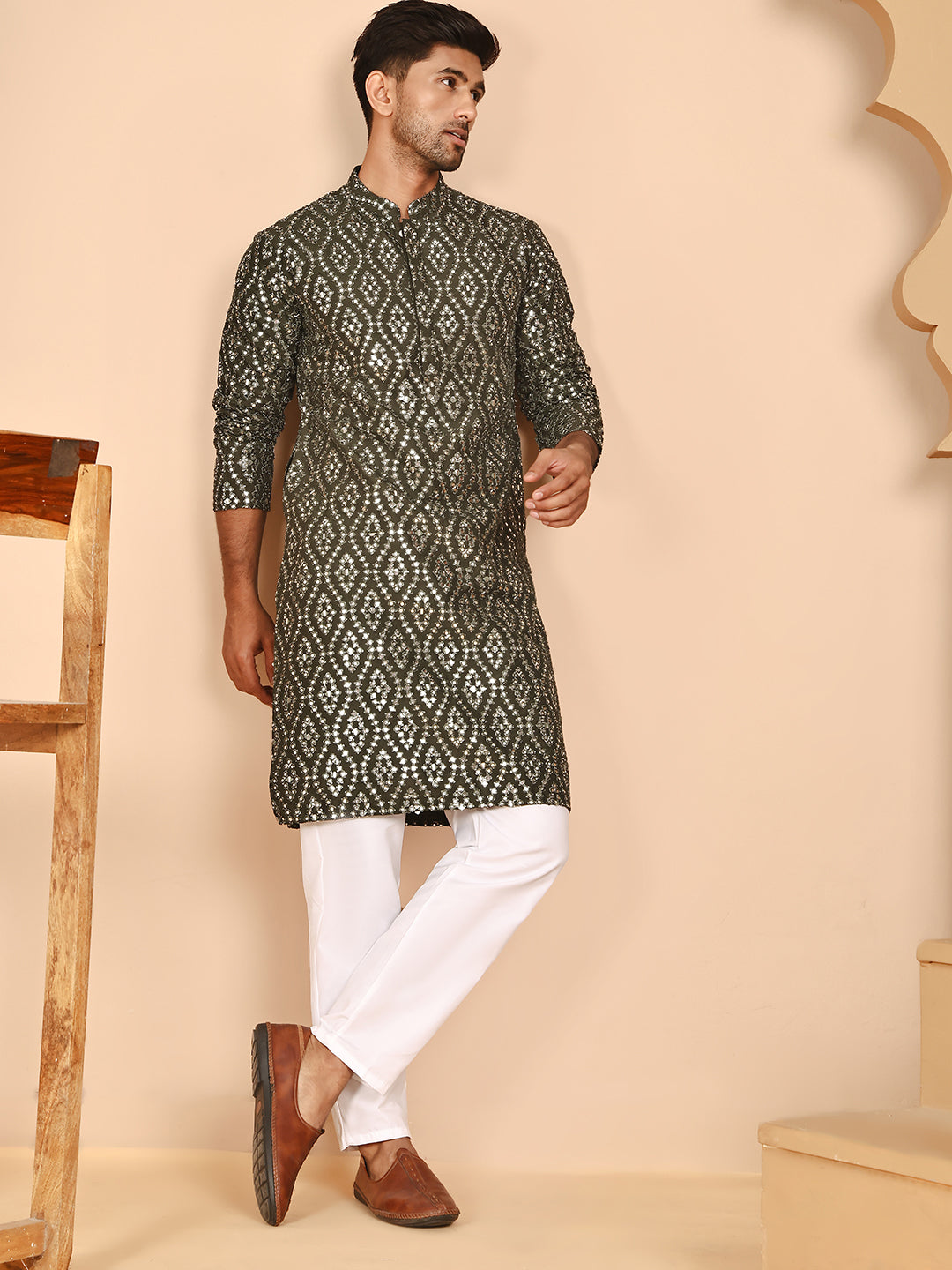 Traditional Mirror Embroidered Kurta Set for Men ( JOKP P 5269 P 5269 Olive ) [FF] [I-1-4]