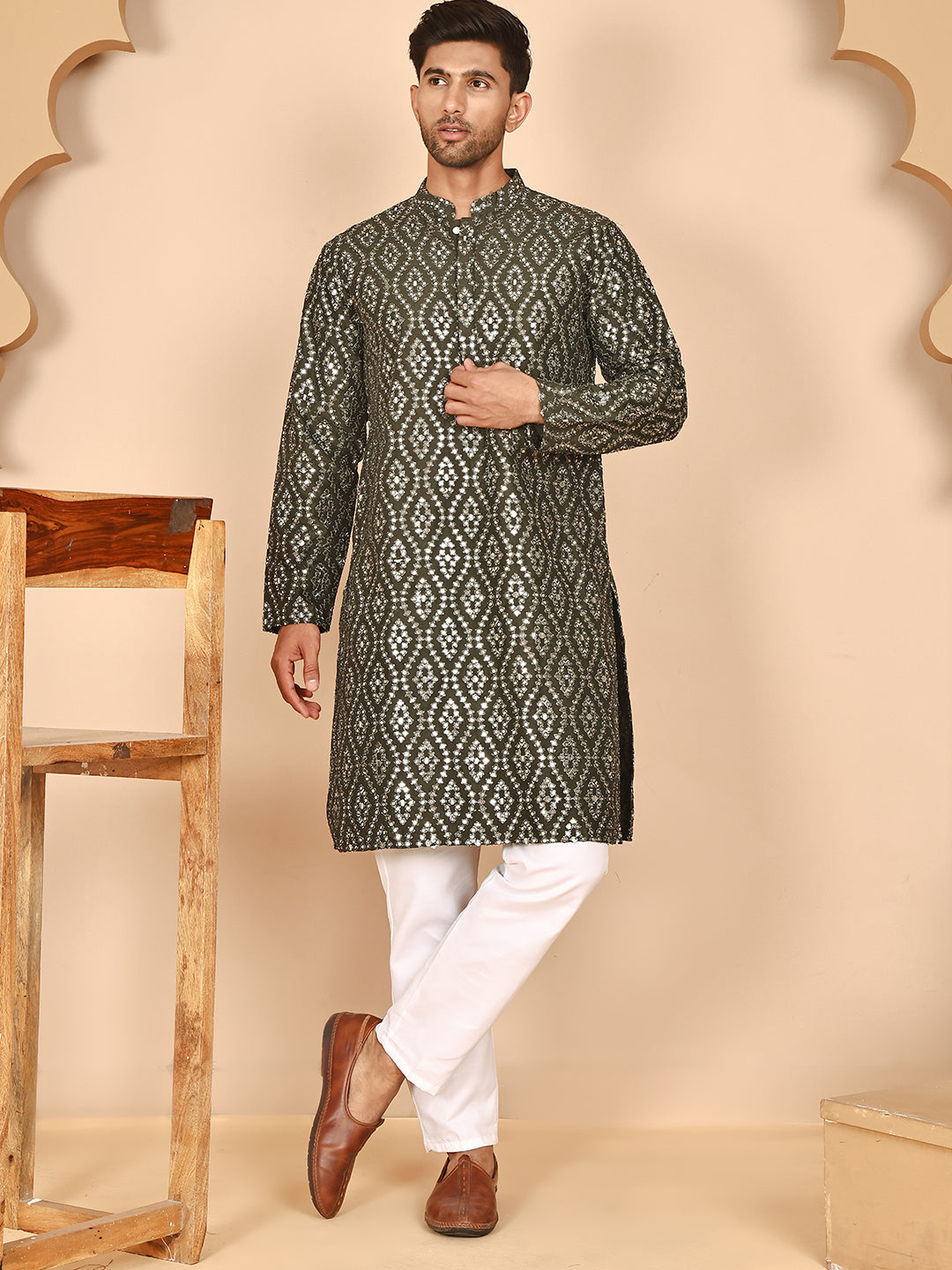 Traditional Mirror Embroidered Kurta Set for Men ( JOKP P 5269 P 5269 Olive ) [FF] [I-1-4]