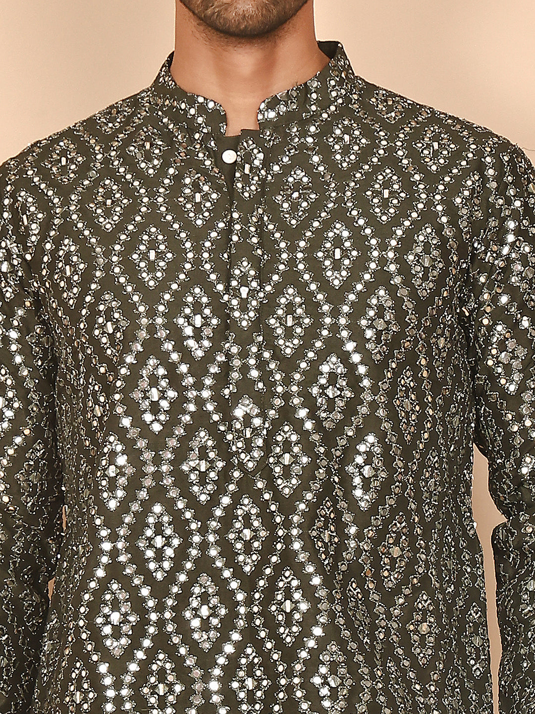 Traditional Mirror Embroidered Kurta Set for Men ( JOKP P 5269 P 5269 Olive ) [FF] [I-1-4]