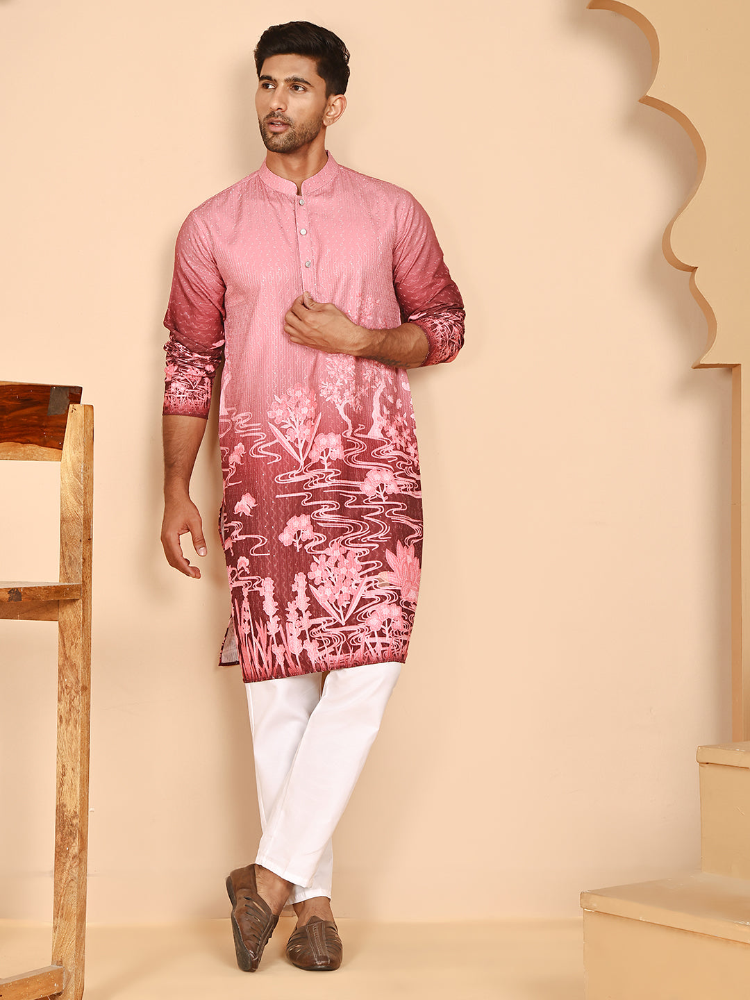 Thread Work & Sequin Embellished Printed Kurta Set for Men ( JOKP P 5274Pink )