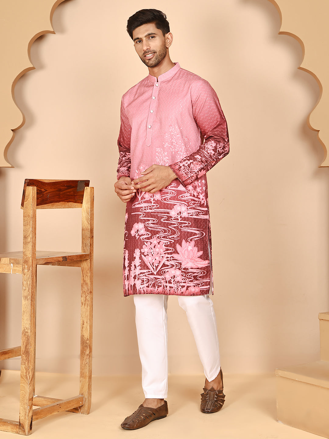 Thread Work & Sequin Embellished Printed Kurta Set for Men ( JOKP P 5274Pink )