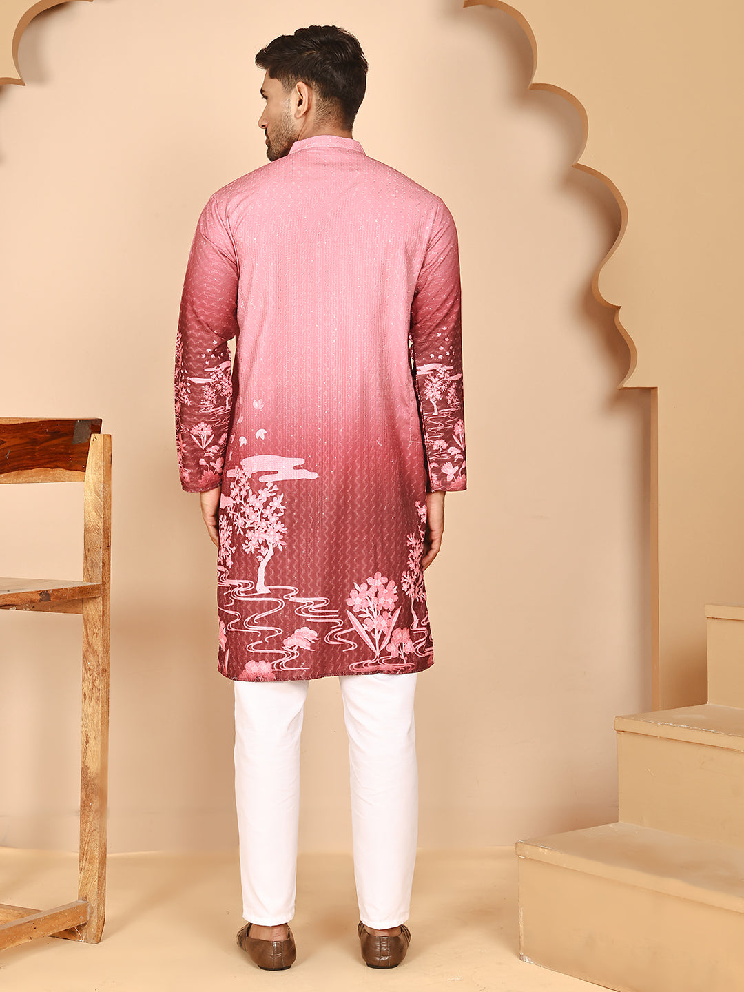 Thread Work & Sequin Embellished Printed Kurta Set for Men ( JOKP P 5274Pink )