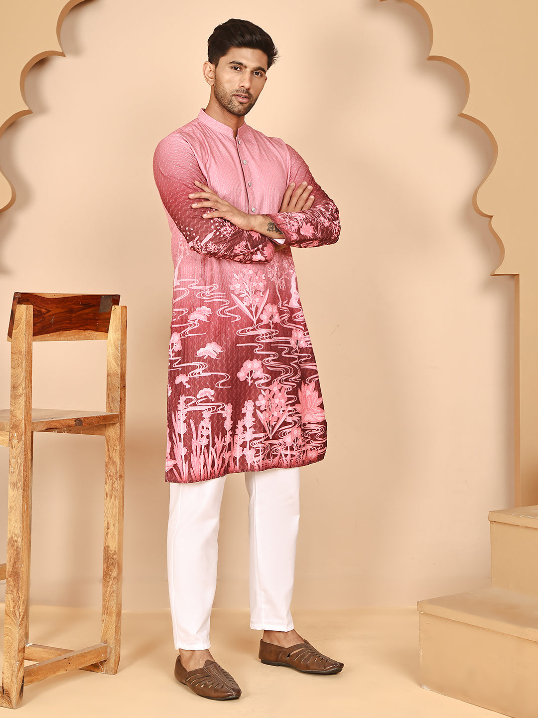 Thread Work & Sequin Embellished Printed Kurta Set for Men ( JOKP P 5274Pink )