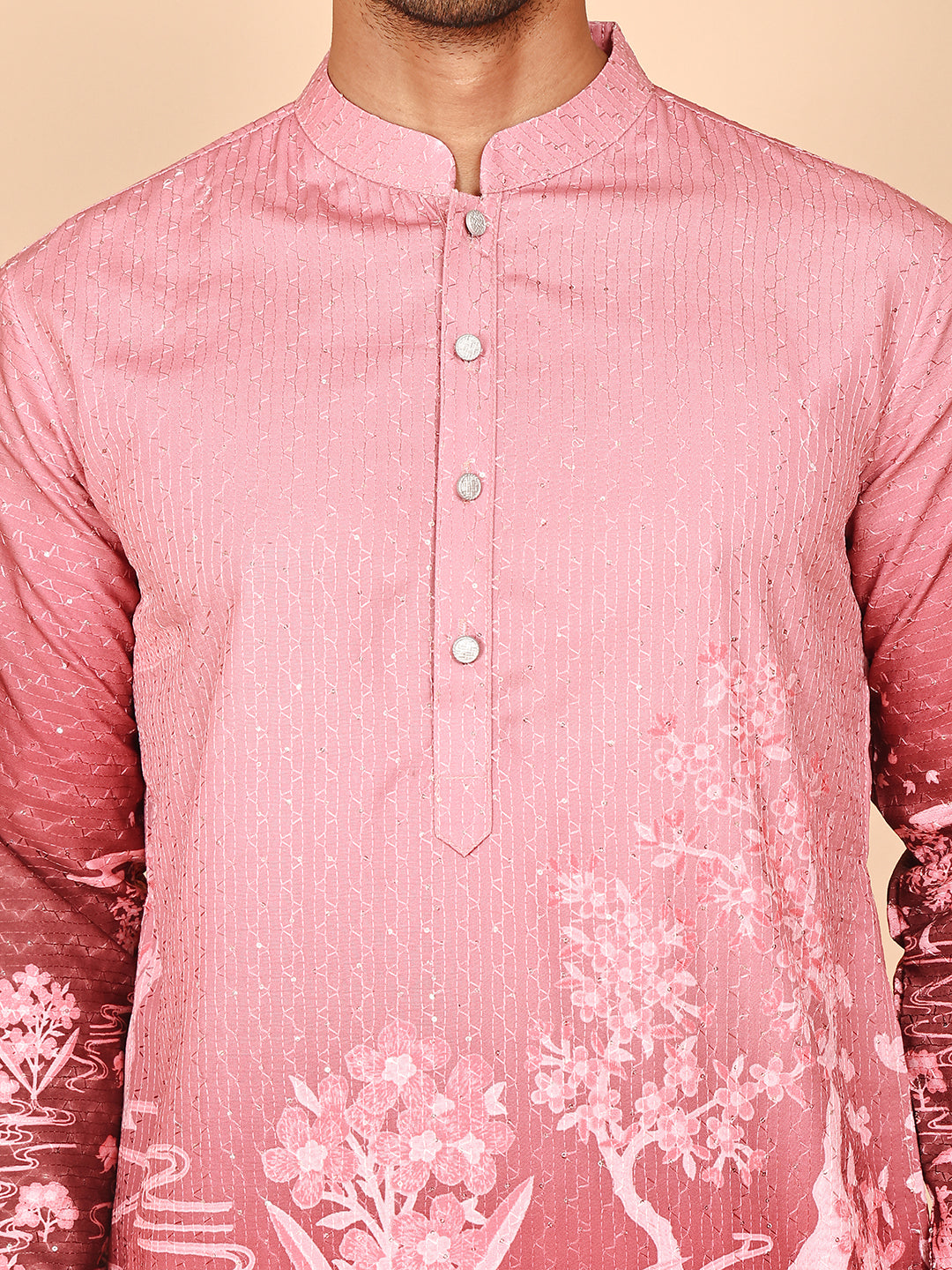 Thread Work & Sequin Embellished Printed Kurta Set for Men ( JOKP P 5274Pink )