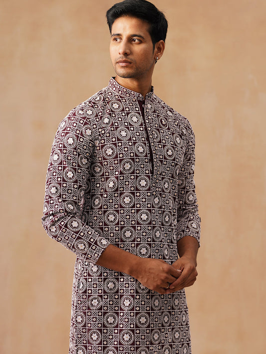 Classic Geometric Embroidered Kurta Pyjama ( JOKP P 5279 P 5279Wine ) [FF] [B-7]