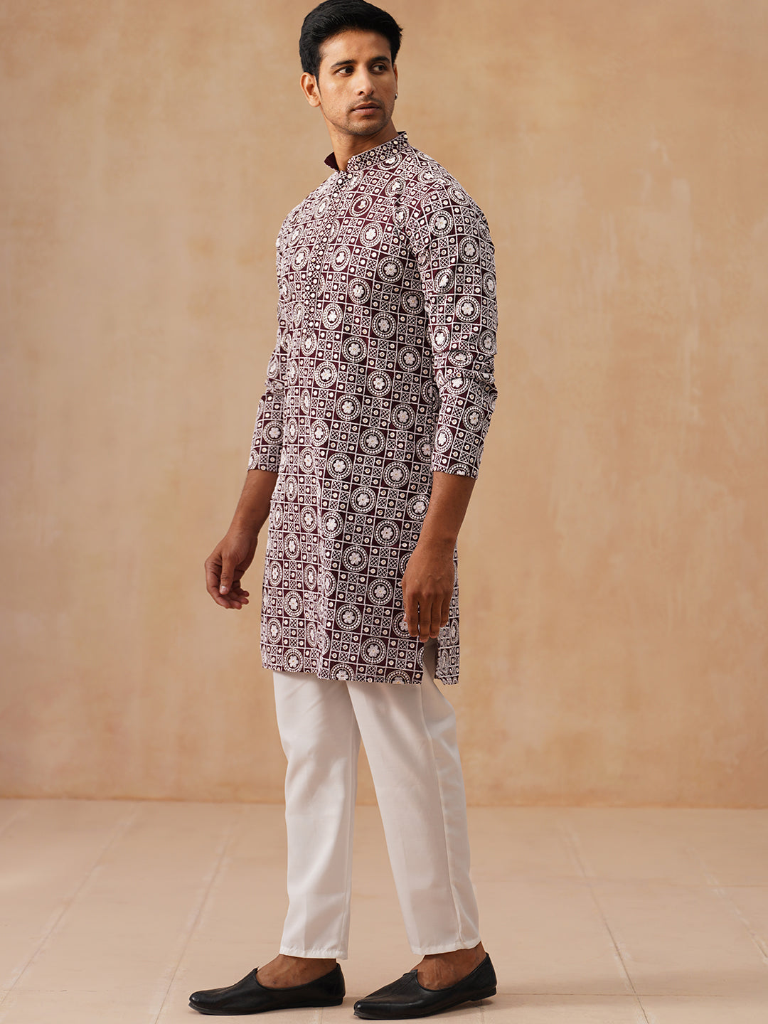 Classic Geometric Embroidered Kurta Pyjama ( JOKP P 5279 P 5279Wine ) [FF] [B-7]