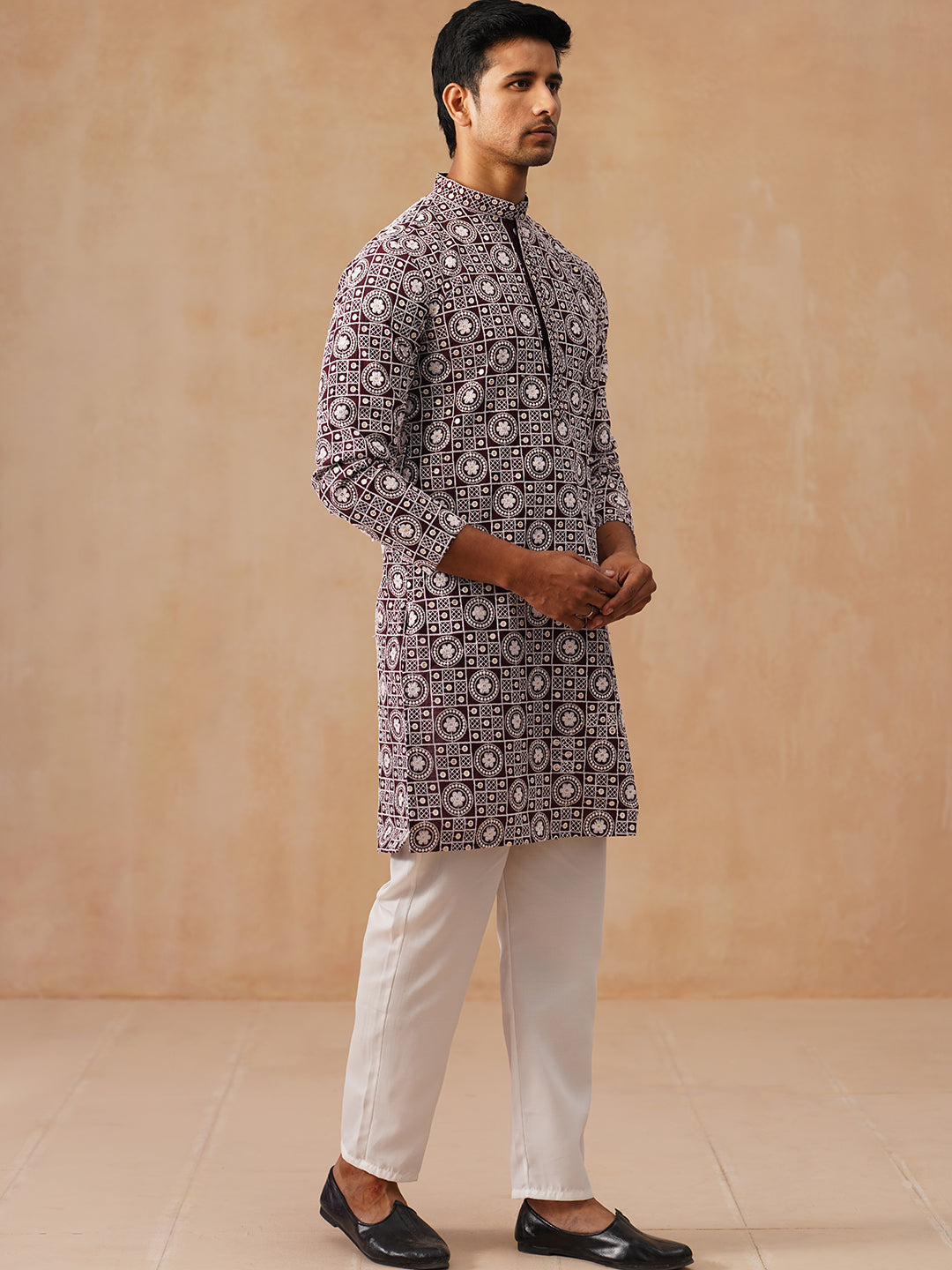 Classic Geometric Embroidered Kurta Pyjama ( JOKP P 5279 P 5279Wine ) [FF] [B-7]
