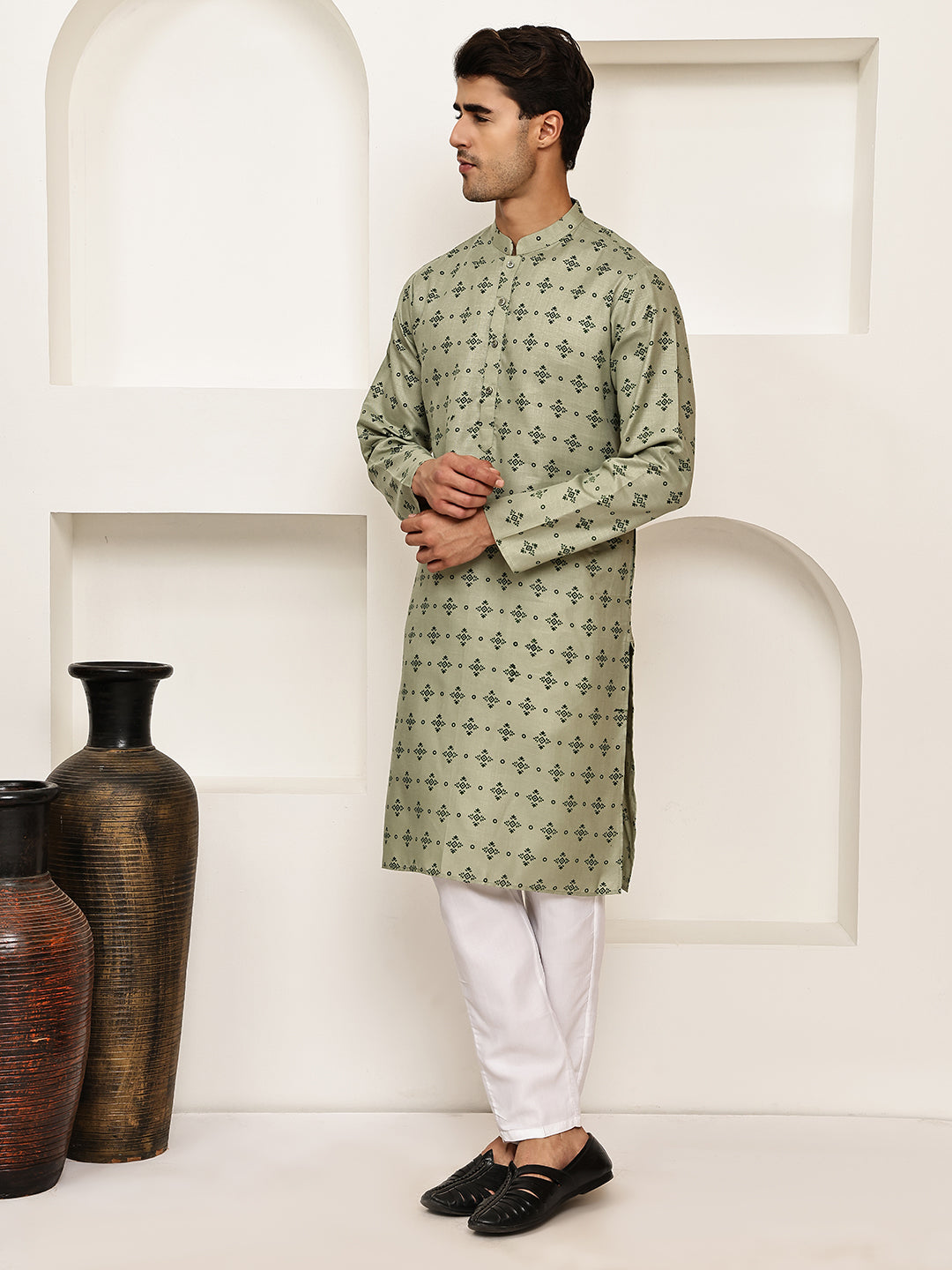 Traditional Floral Printed Kurta Pyjama Set ( JOKP P 5281 P 5281Pista ) [FF] [D-3]