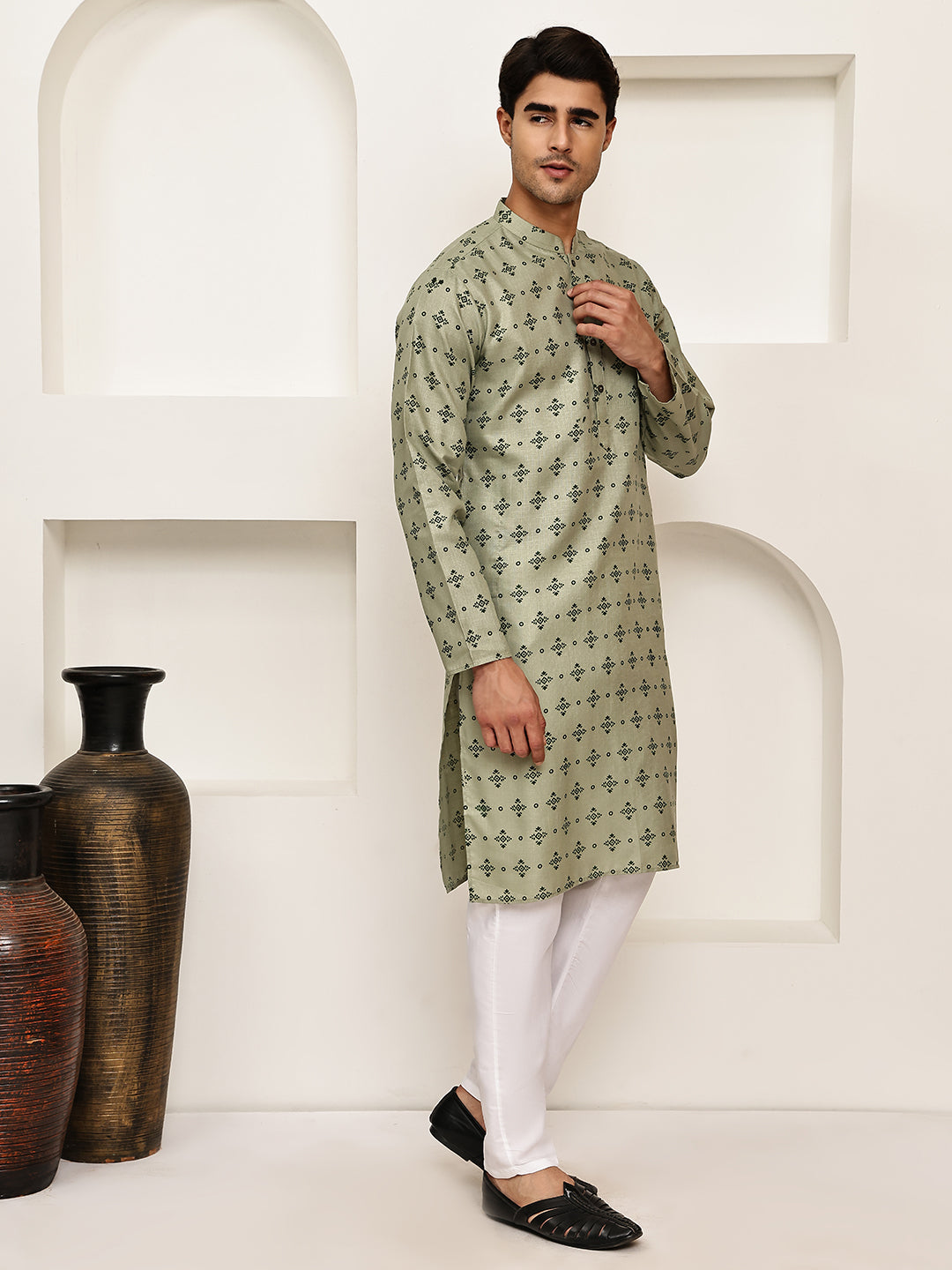 Traditional Floral Printed Kurta Pyjama Set ( JOKP P 5281 P 5281Pista ) [FF] [D-3]