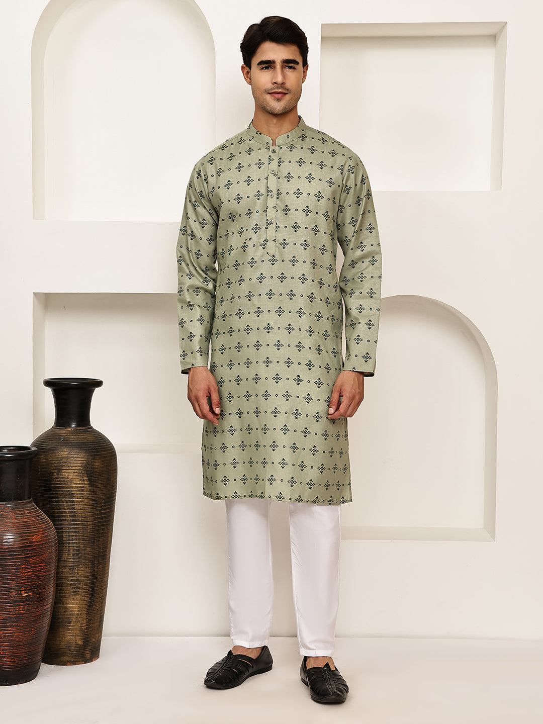 Traditional Floral Printed Kurta Pyjama Set ( JOKP P 5281 P 5281Pista ) [FF] [D-3]