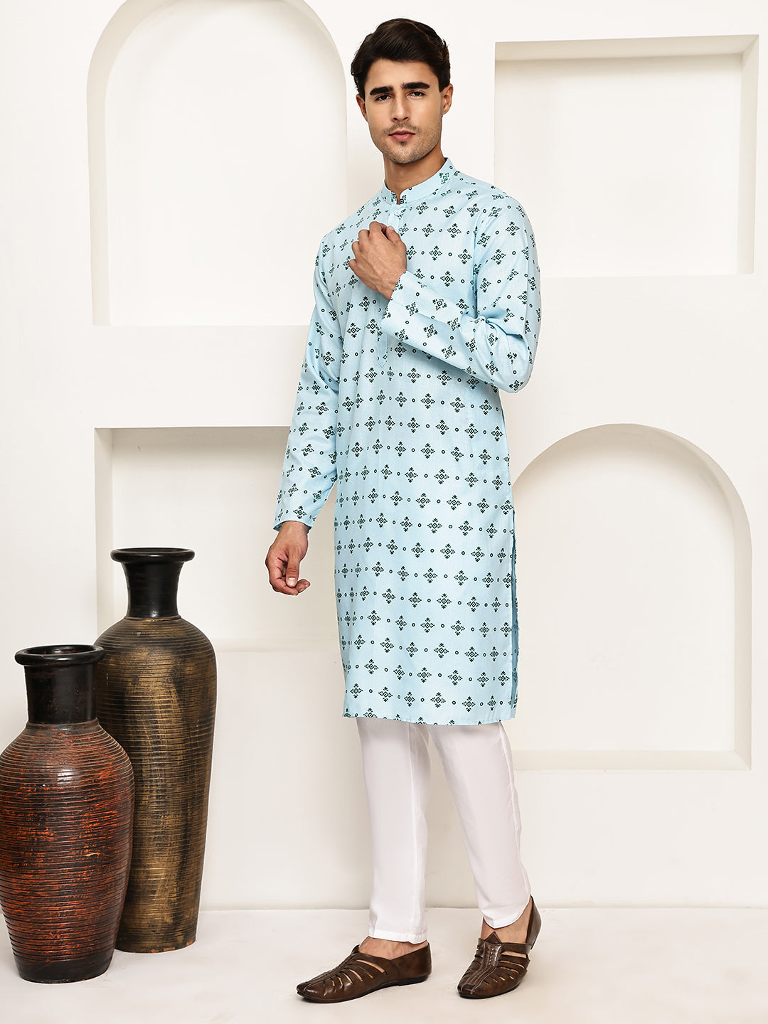 Traditional Floral Printed Kurta Pyjama Set ( JOKP P 5281 P 5281Sky ) [FF] [D-3]