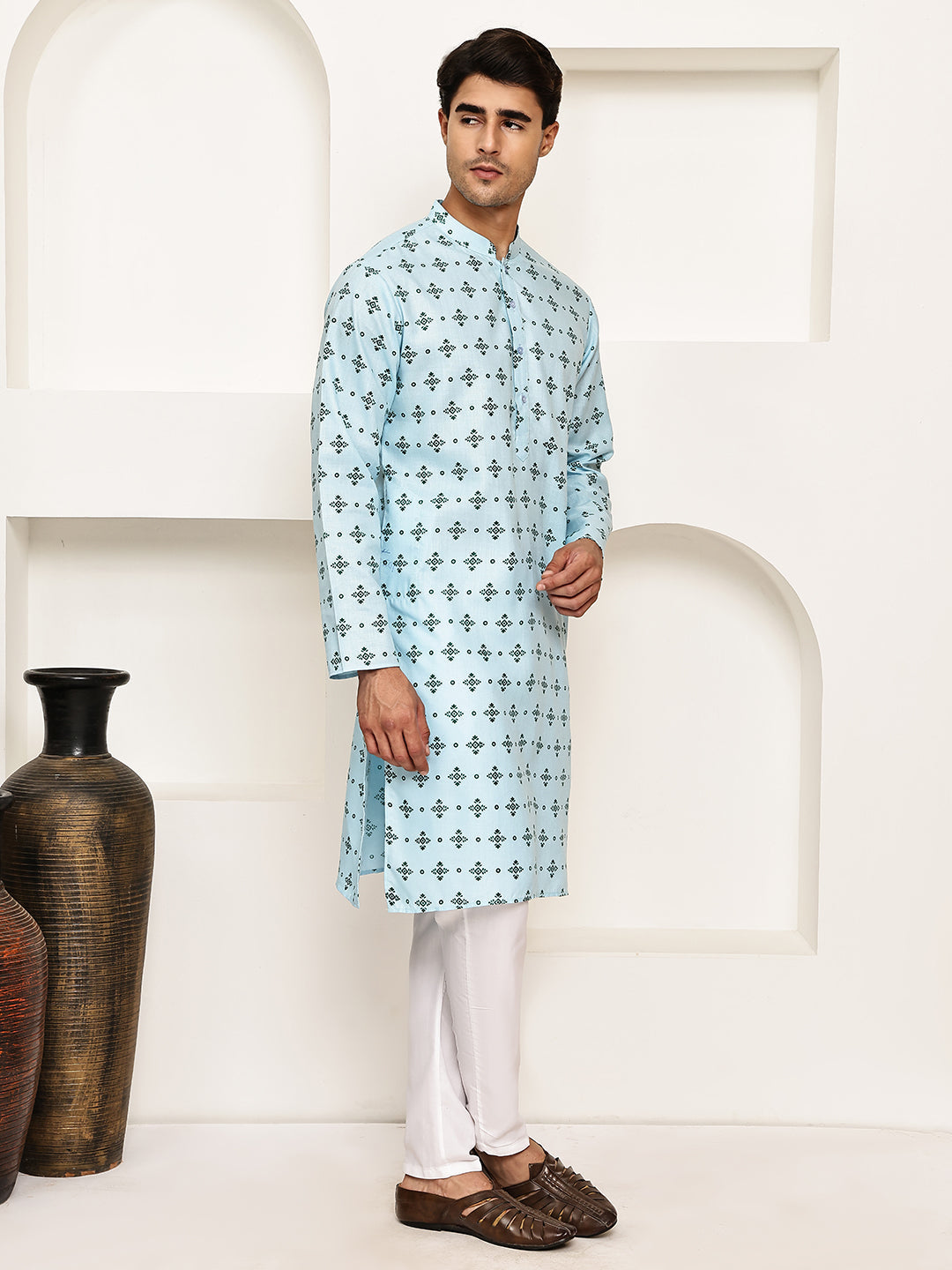 Traditional Floral Printed Kurta Pyjama Set ( JOKP P 5281 P 5281Sky ) [FF] [D-3]