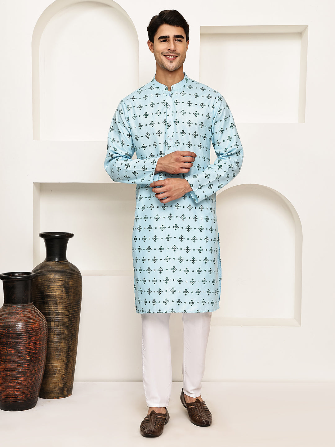 Traditional Floral Printed Kurta Pyjama Set ( JOKP P 5281 P 5281Sky ) [FF] [D-3]