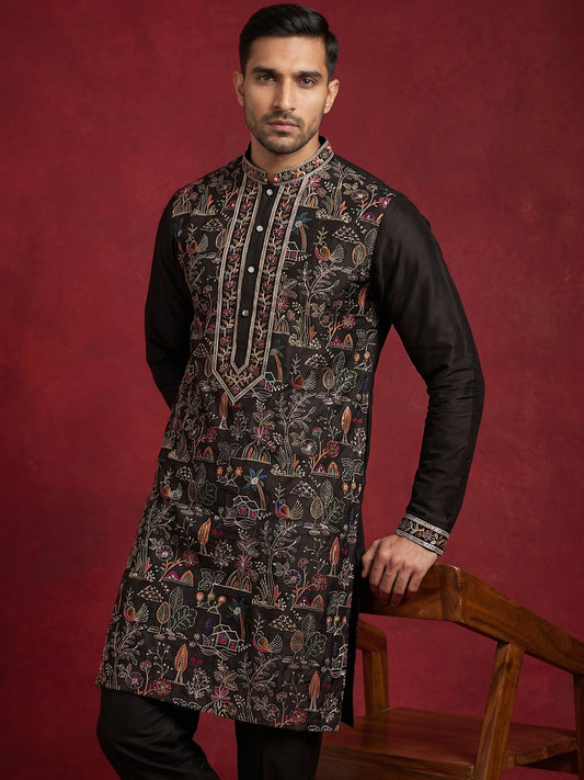 Silk Blend Kurta Set with Multicolor Embroidery ( JOKP B-P 5283Black )