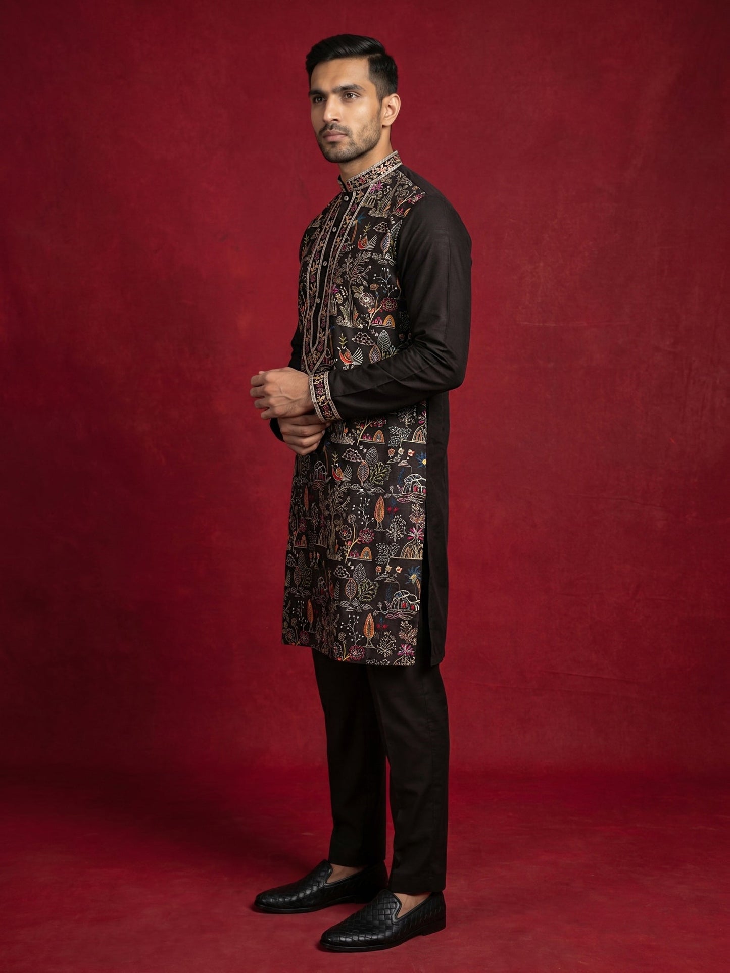 Silk Blend Kurta Set with Multicolor Embroidery ( JOKP B-P 5283Black )