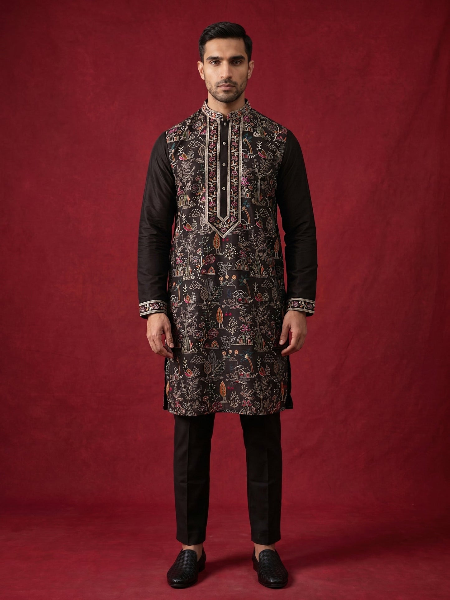 Silk Blend Kurta Set with Multicolor Embroidery ( JOKP B-P 5283Black )