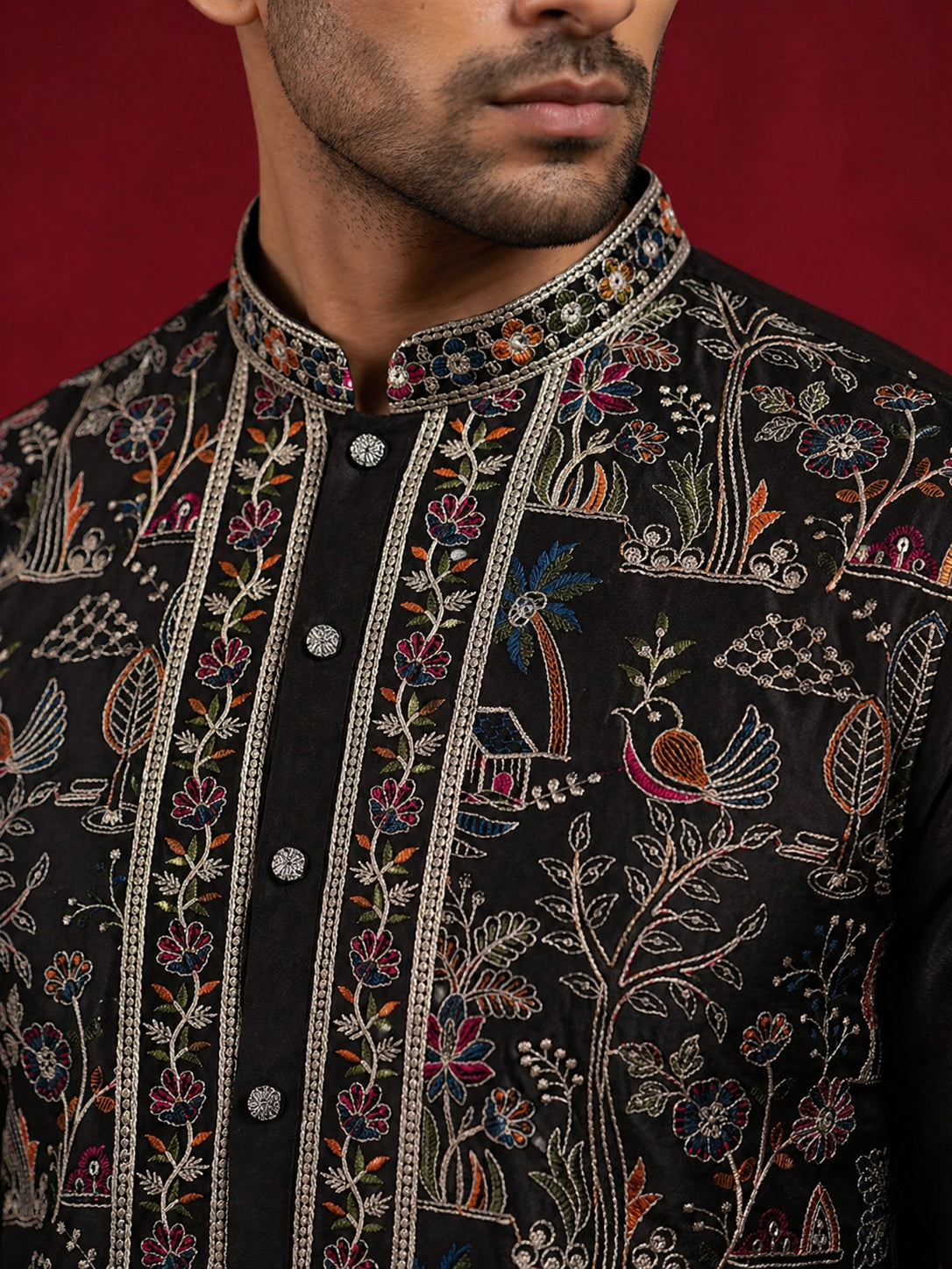 Silk Blend Kurta Set with Multicolor Embroidery ( JOKP B-P 5283Black )