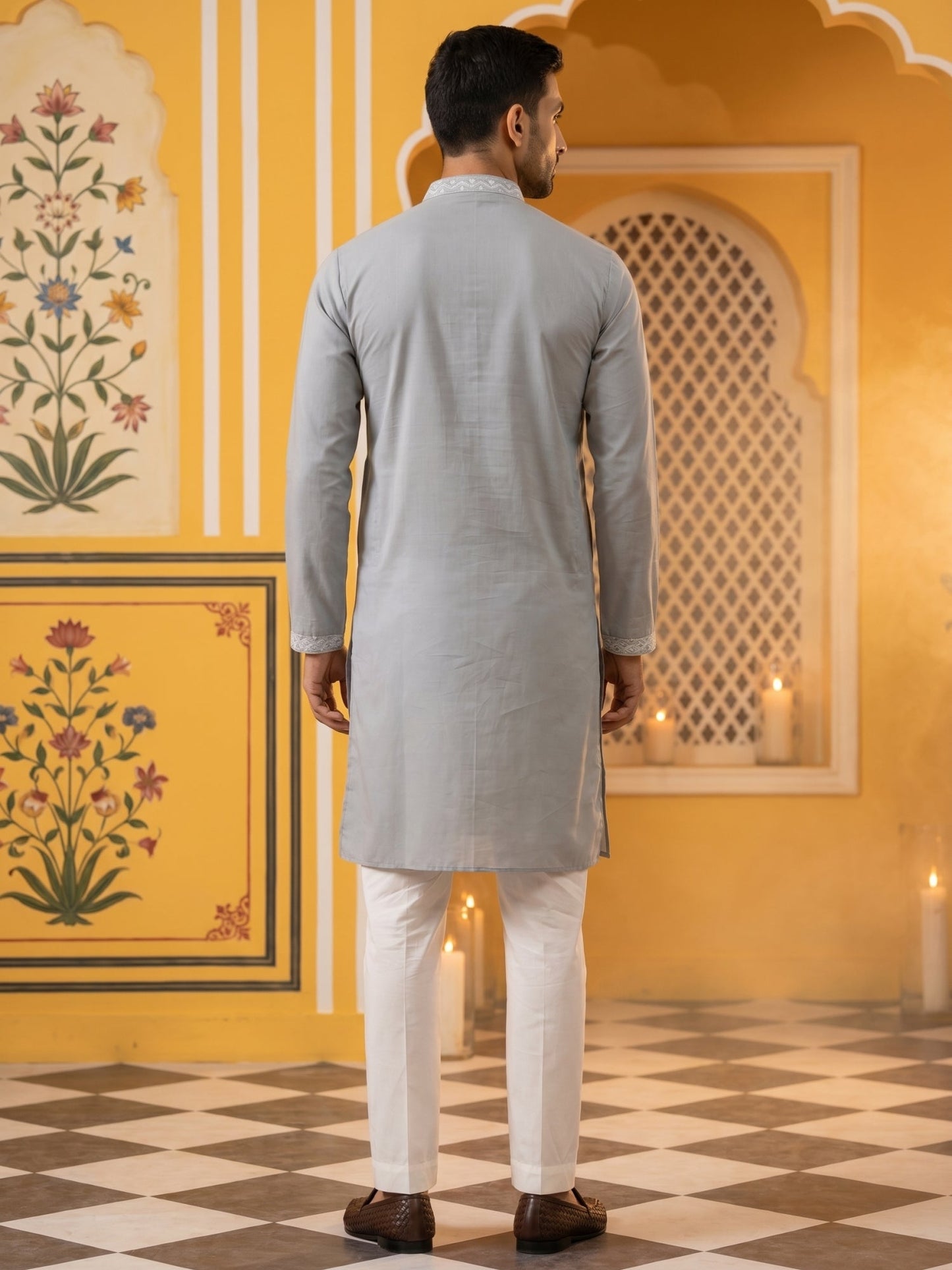Embroidered Mirror Work Kurta Pyjama ( JOKP P 5286Grey )