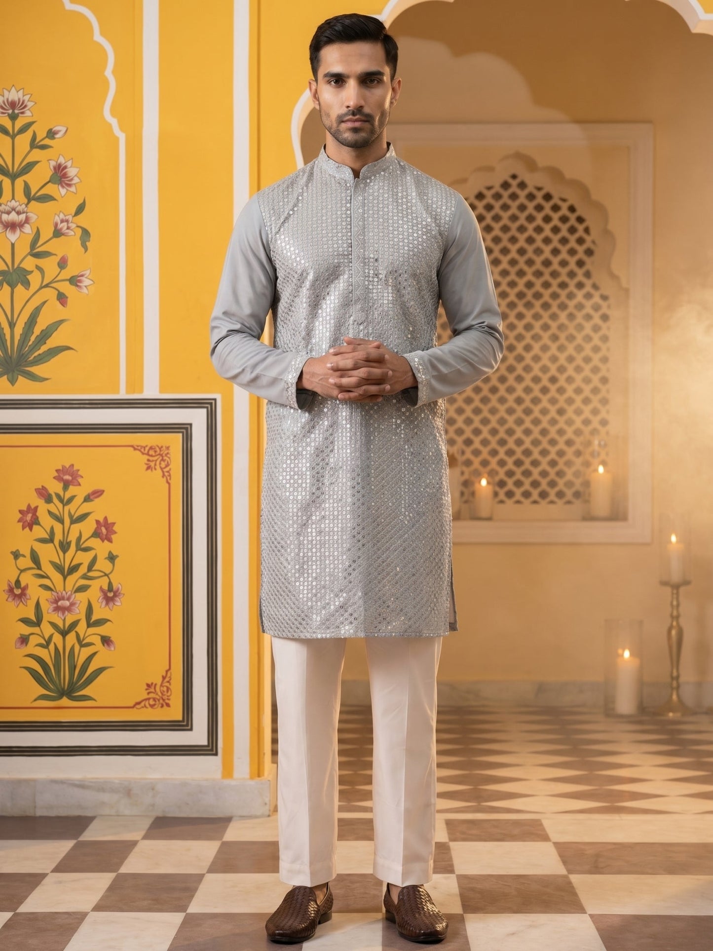 Embroidered Mirror Work Kurta Pyjama ( JOKP P 5286Grey )