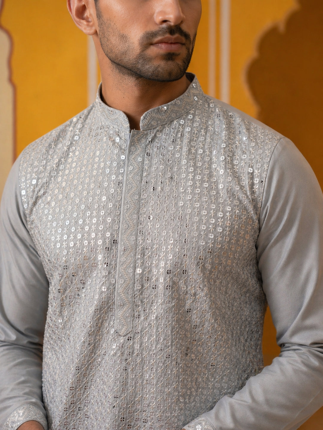 Embroidered Mirror Work Kurta Pyjama ( JOKP P 5286Grey )