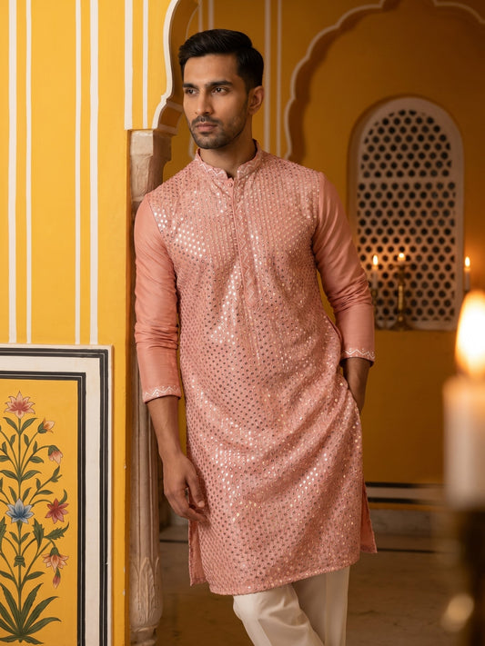Embroidered Mirror Work Kurta Pyjama ( JOKP P 5286Pink )