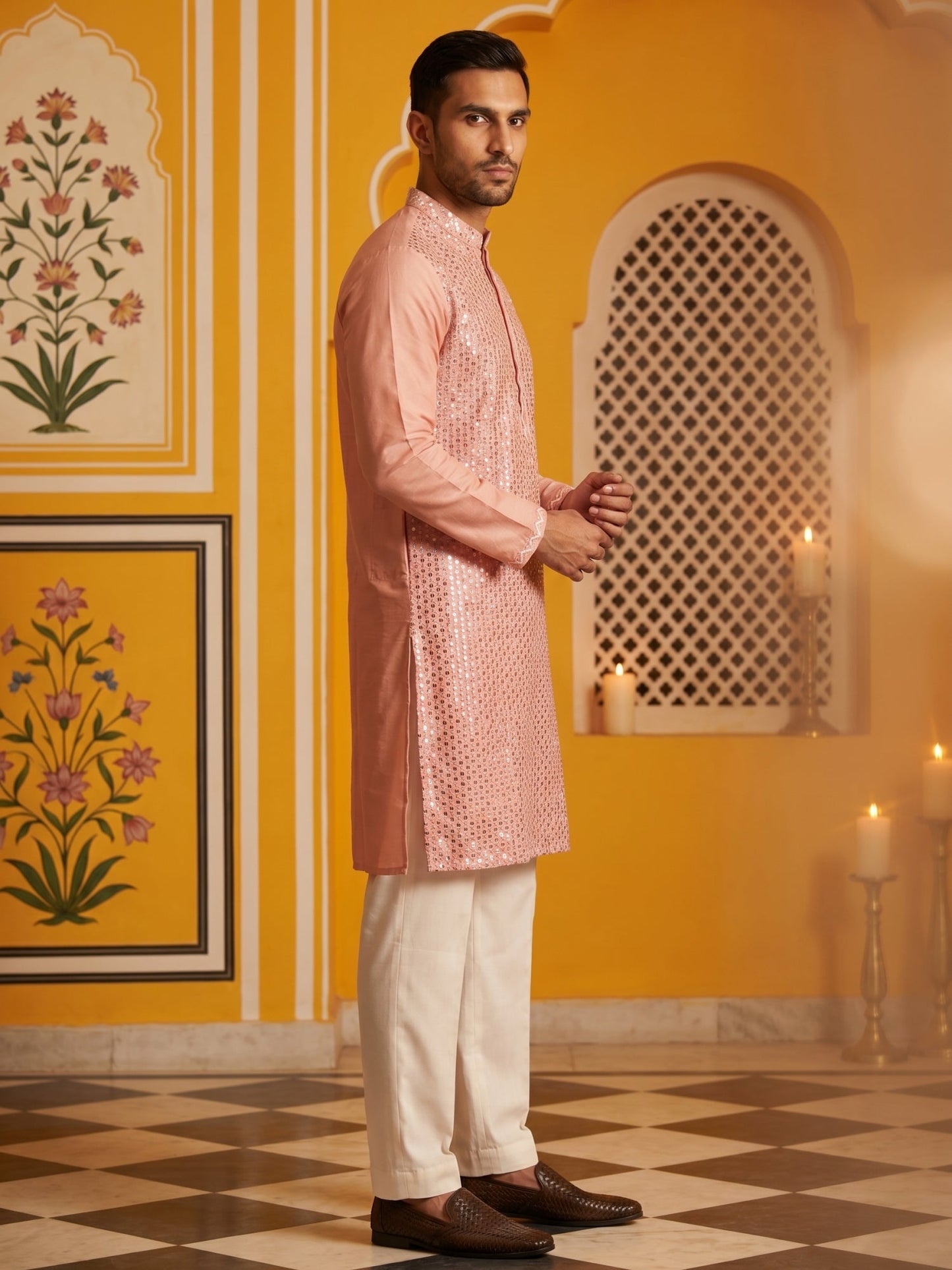 Embroidered Mirror Work Kurta Pyjama ( JOKP P 5286Pink )