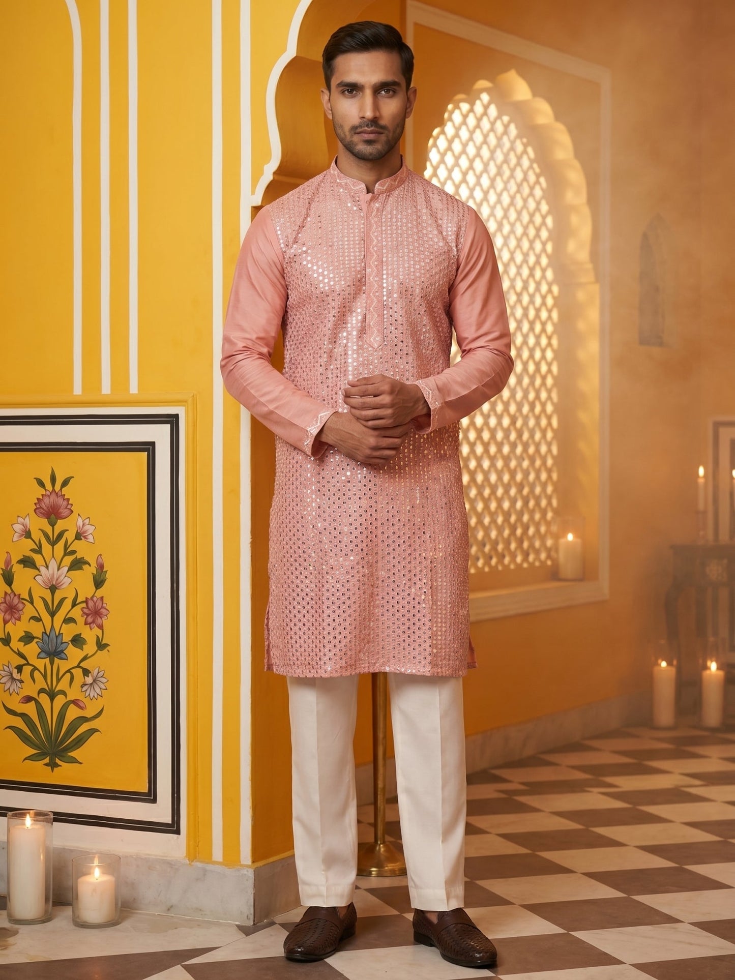 Embroidered Mirror Work Kurta Pyjama ( JOKP P 5286Pink )