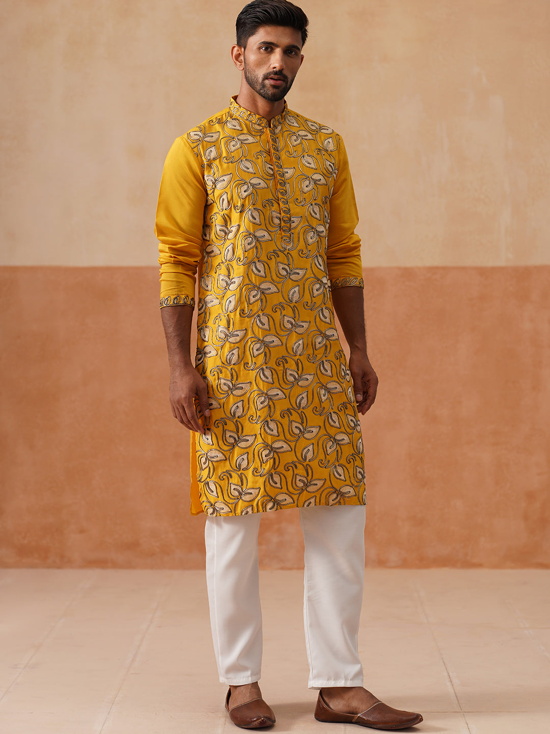 Floral Thread Embroidered Silk Blend Kurta Set ( JOKP P 5290 P 5290Mustard ) [FF] [A-7-8]