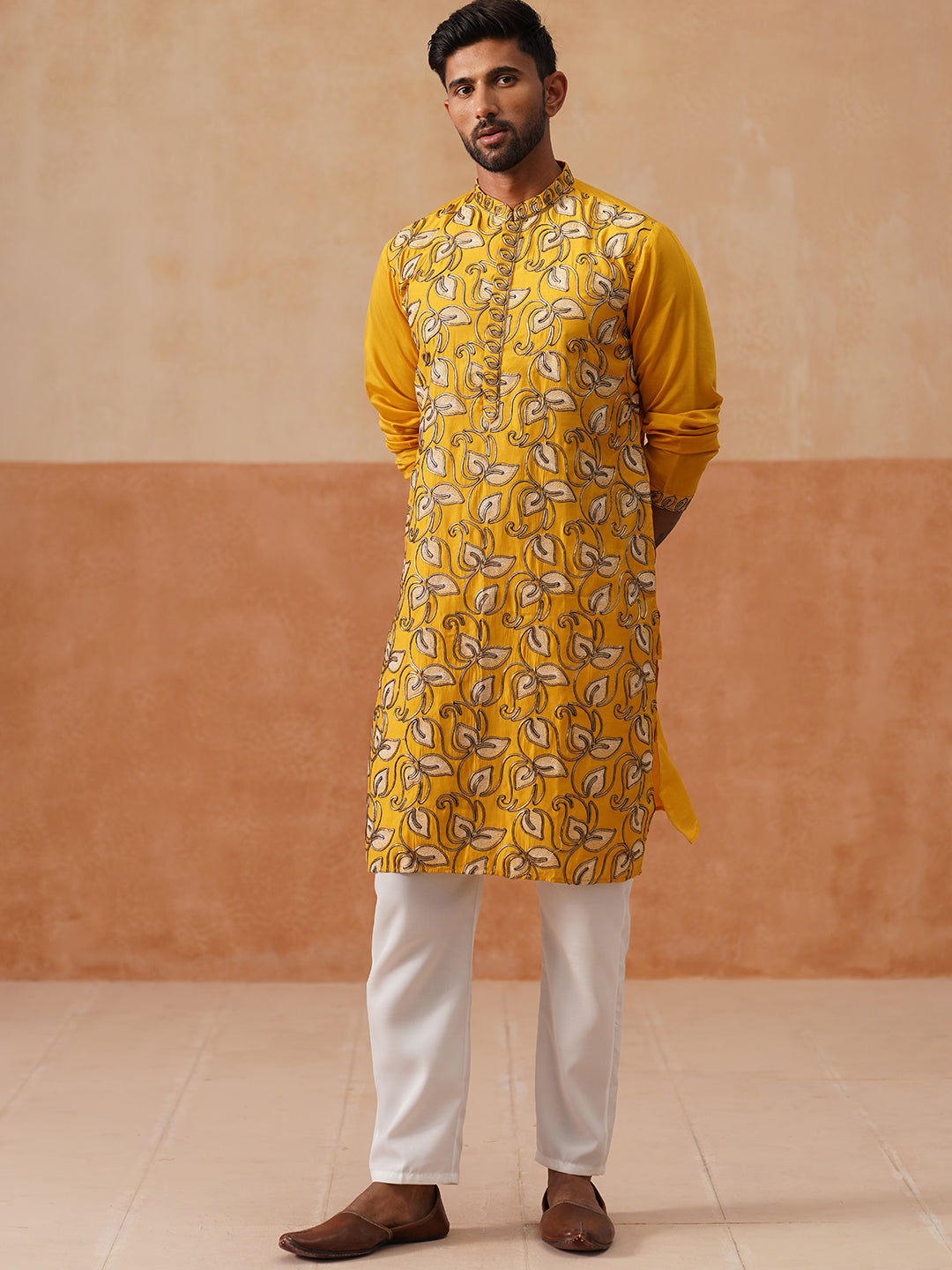 Floral Thread Embroidered Silk Blend Kurta Set ( JOKP P 5290 P 5290Mustard ) [FF] [A-7-8]
