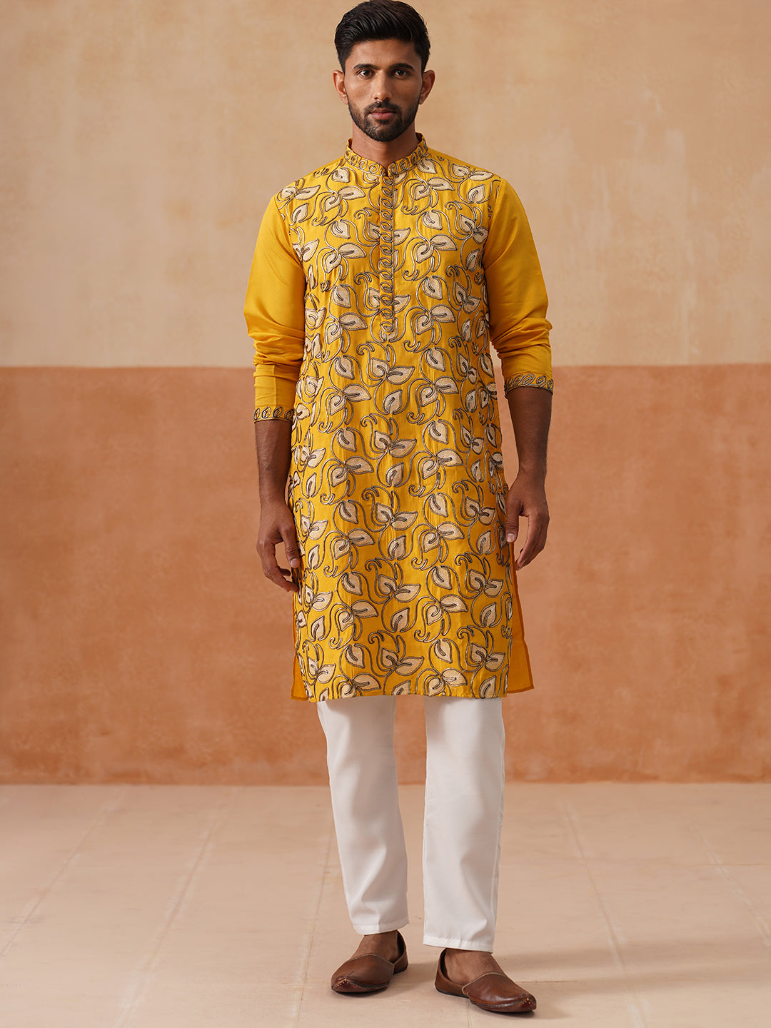Floral Thread Embroidered Silk Blend Kurta Set ( JOKP P 5290 P 5290Mustard ) [FF] [A-7-8]
