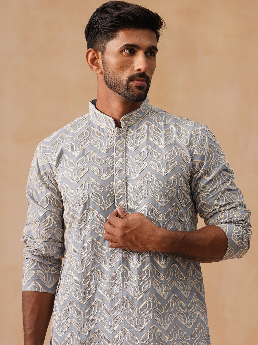 Floral Thread Embroidered Silk Blend Kurtas ( KO 5292 Grey )