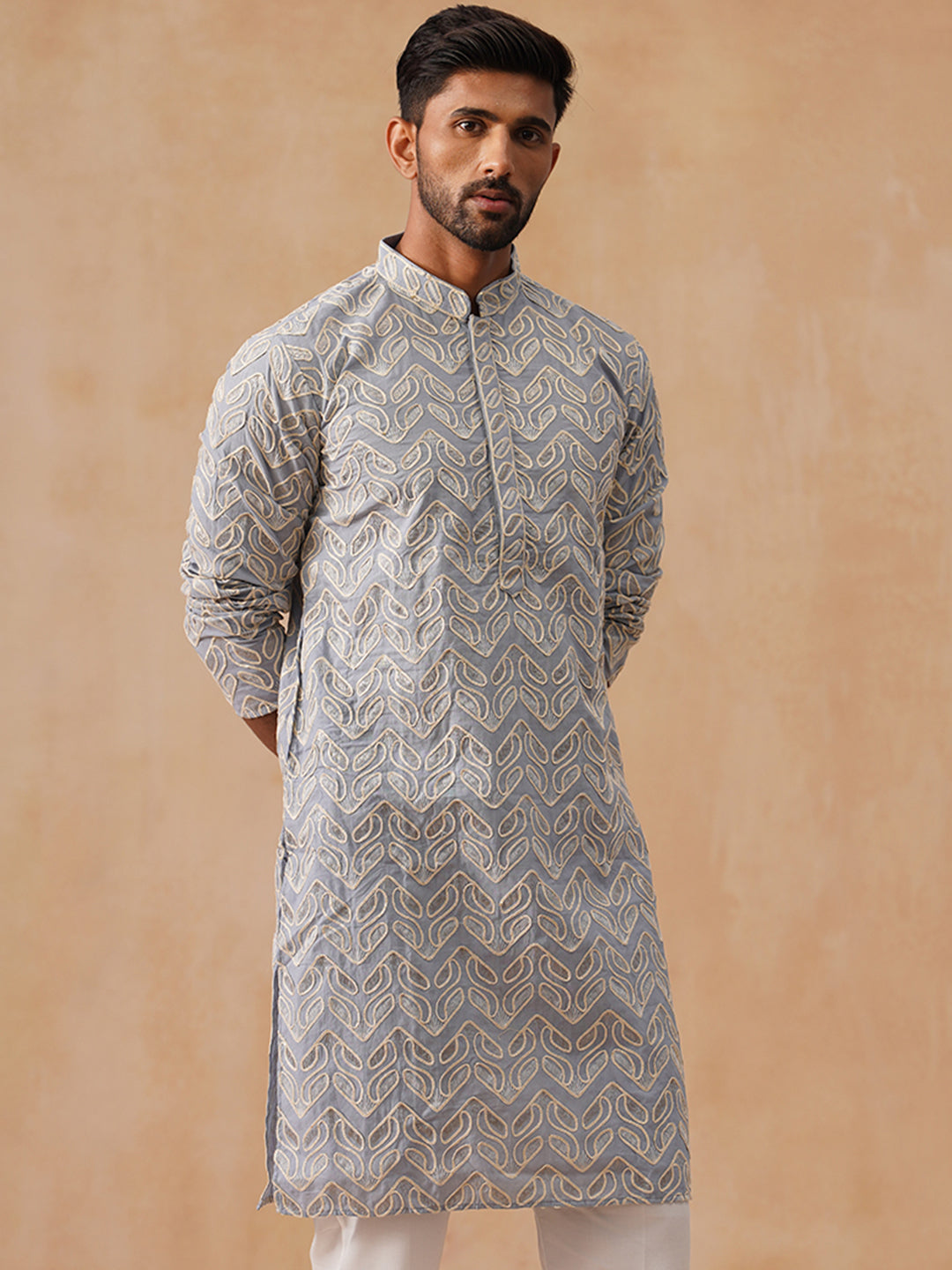 Floral Thread Embroidered Silk Blend Kurtas ( KO 5292 Grey )