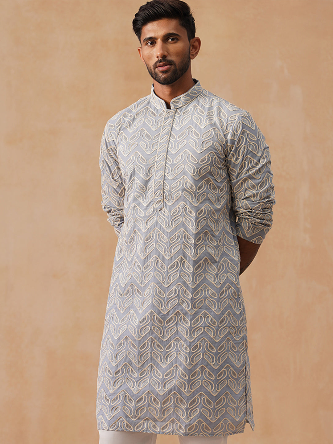 Floral Thread Embroidered Silk Blend Kurtas ( KO 5292 Grey )