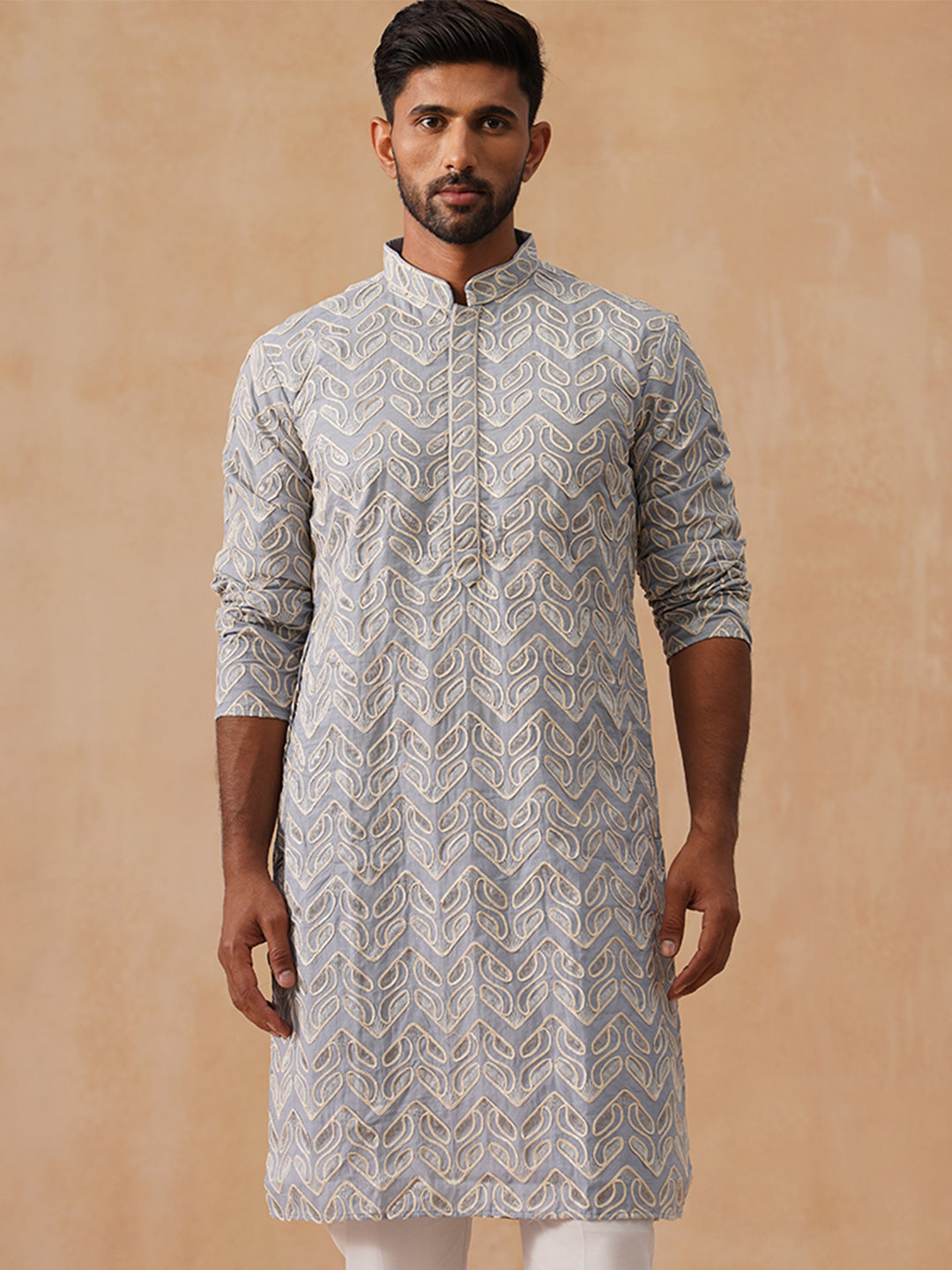 Floral Thread Embroidered Silk Blend Kurtas ( KO 5292 Grey )