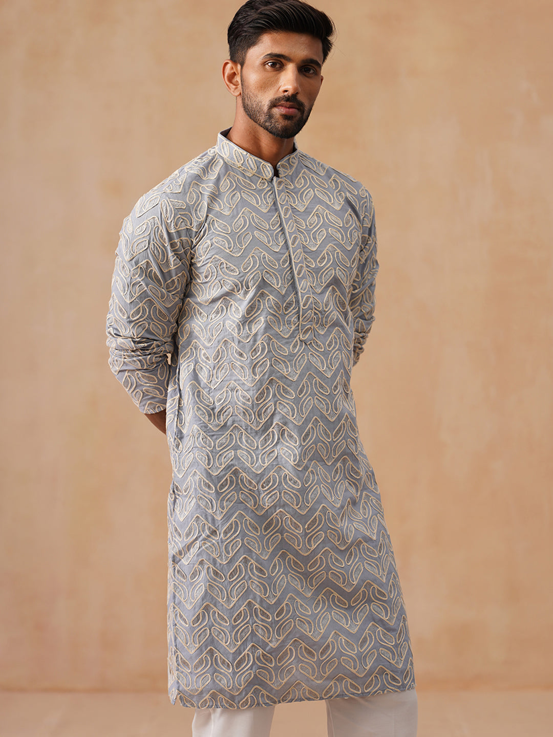 Floral Thread Embroidered Silk Blend Kurtas ( KO 5292 Grey )