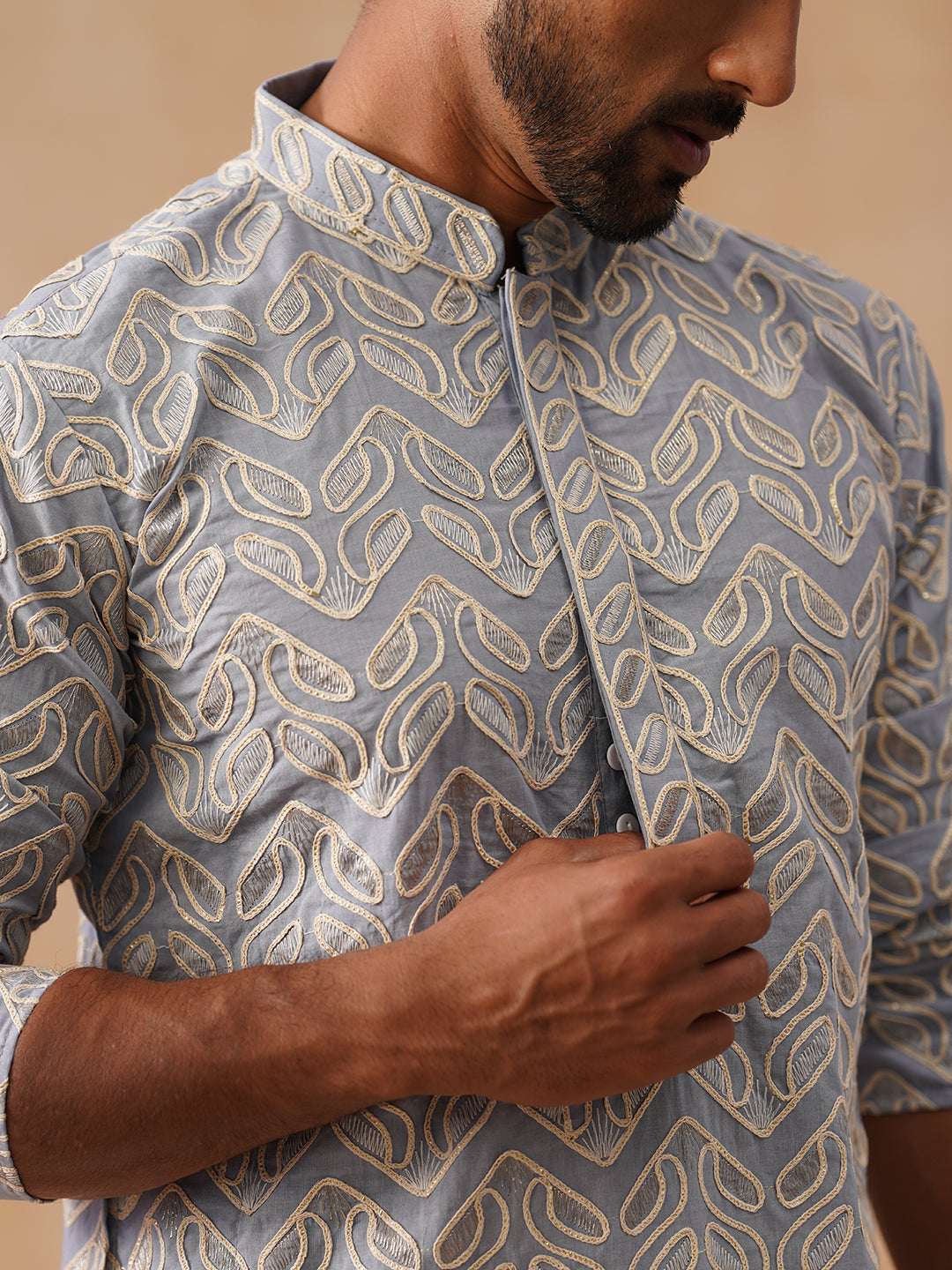 Floral Thread Embroidered Silk Blend Kurtas ( KO 5292 Grey )