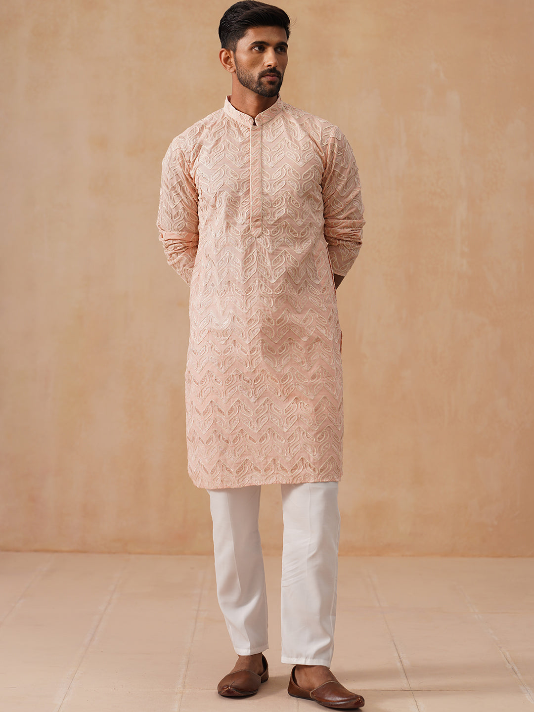 Floral Thread Embroidered Silk Blend Kurta Set ( JOKP P 5292 P 5292Peach ) [FF] [P-6]