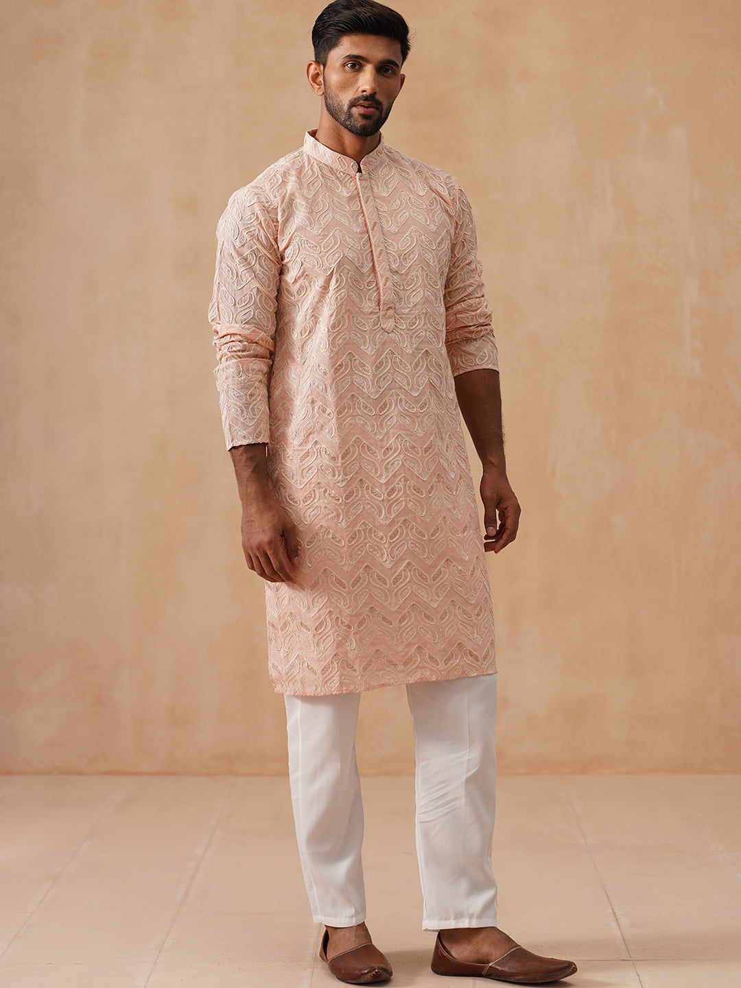 Floral Thread Embroidered Silk Blend Kurta Set ( JOKP P 5292 P 5292Peach ) [FF] [P-6]