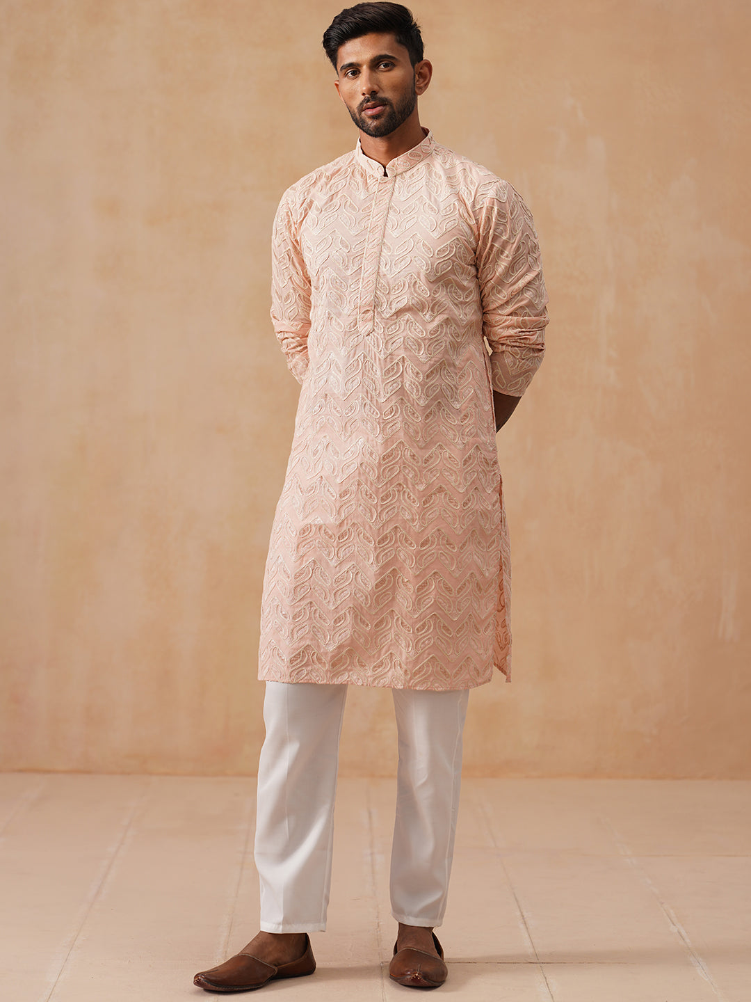 Floral Thread Embroidered Silk Blend Kurta Set ( JOKP P 5292 P 5292Peach ) [FF] [P-6]