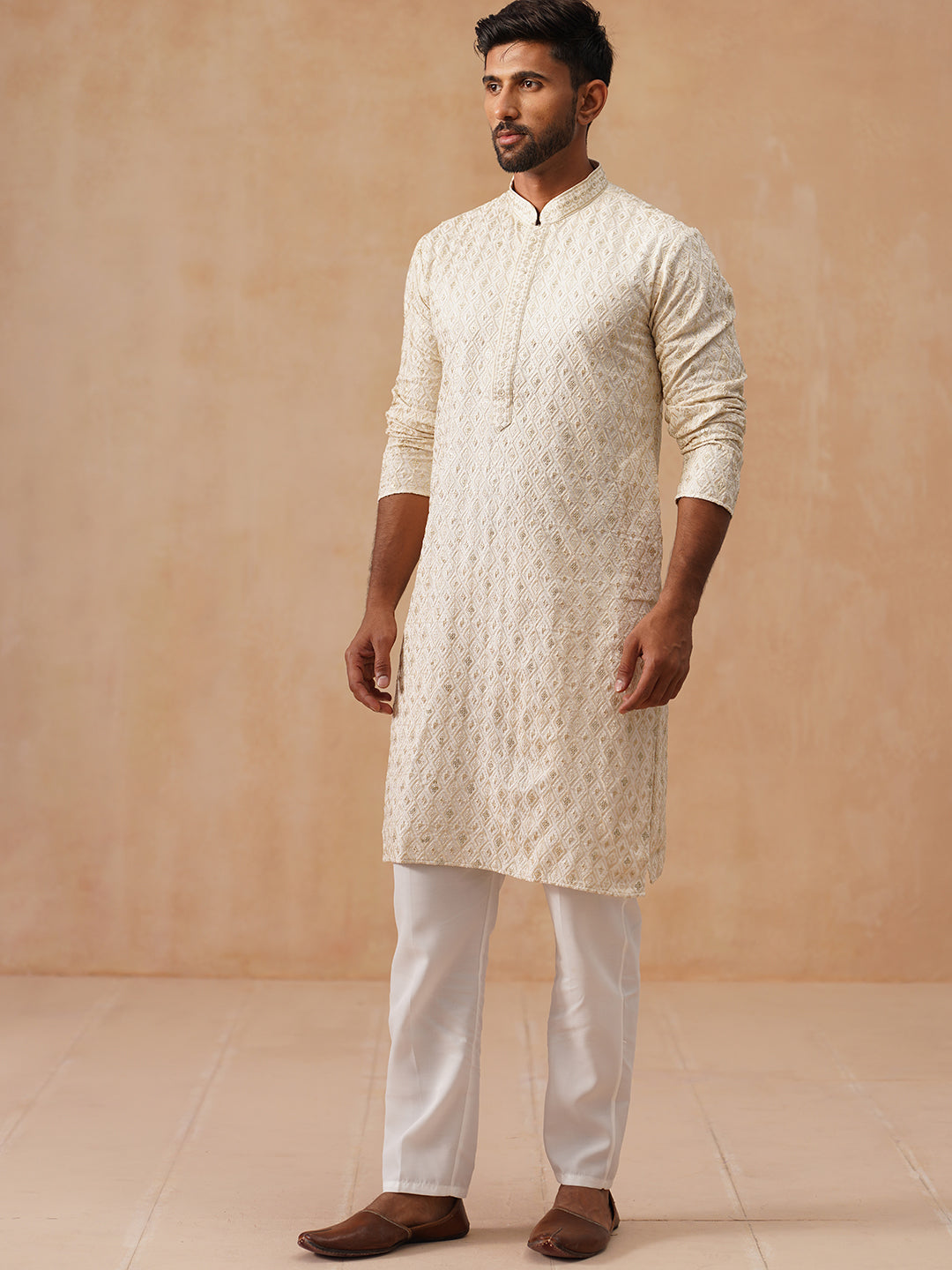 Men’s Festive Kurta Set with Intricate Embroidery ( JOKP P 5293 P 5293Cream ) [FF] [ I2 ]
