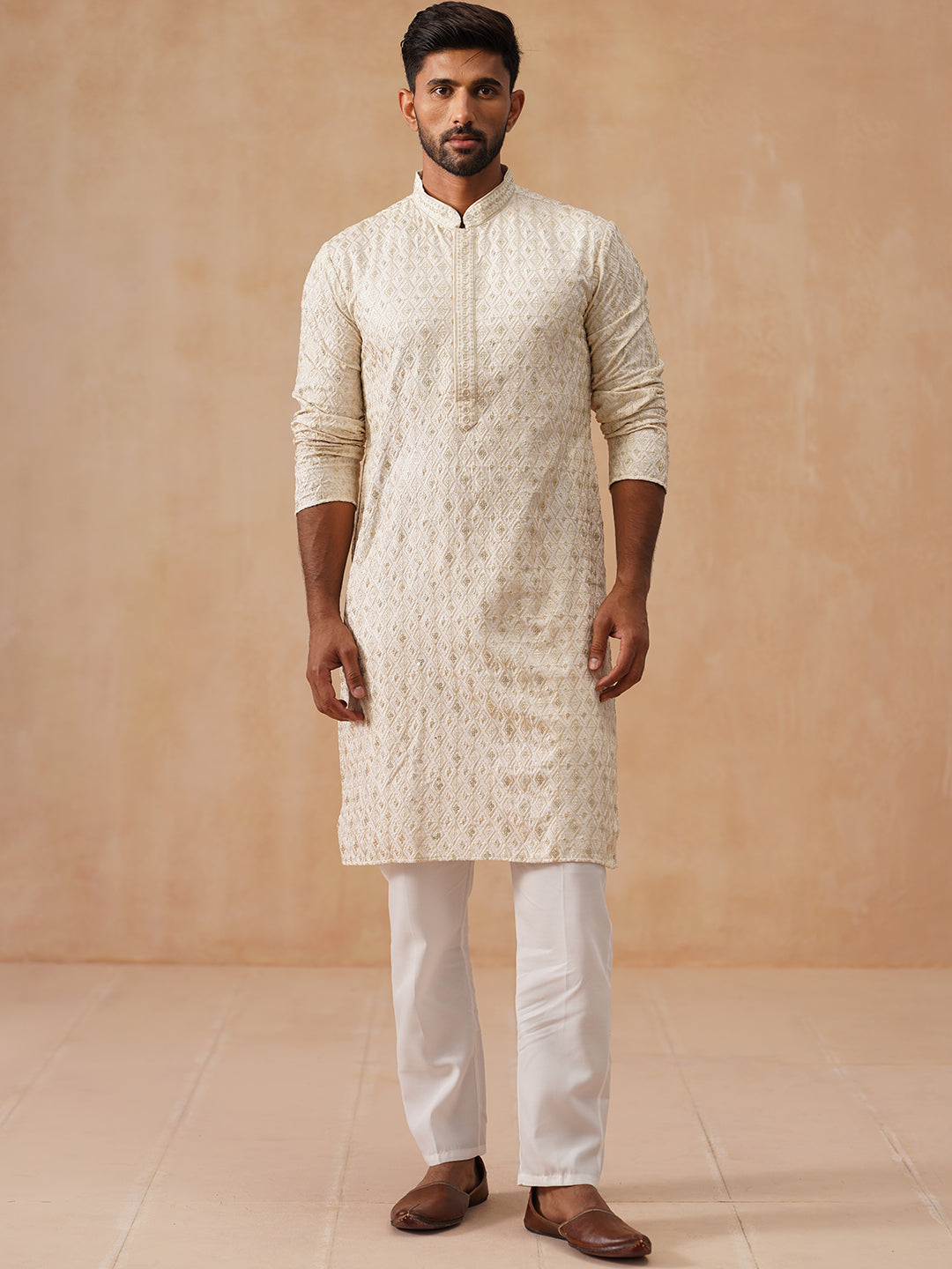 Men’s Festive Kurta Set with Intricate Embroidery ( JOKP P 5293 P 5293Cream ) [FF] [ I2 ]