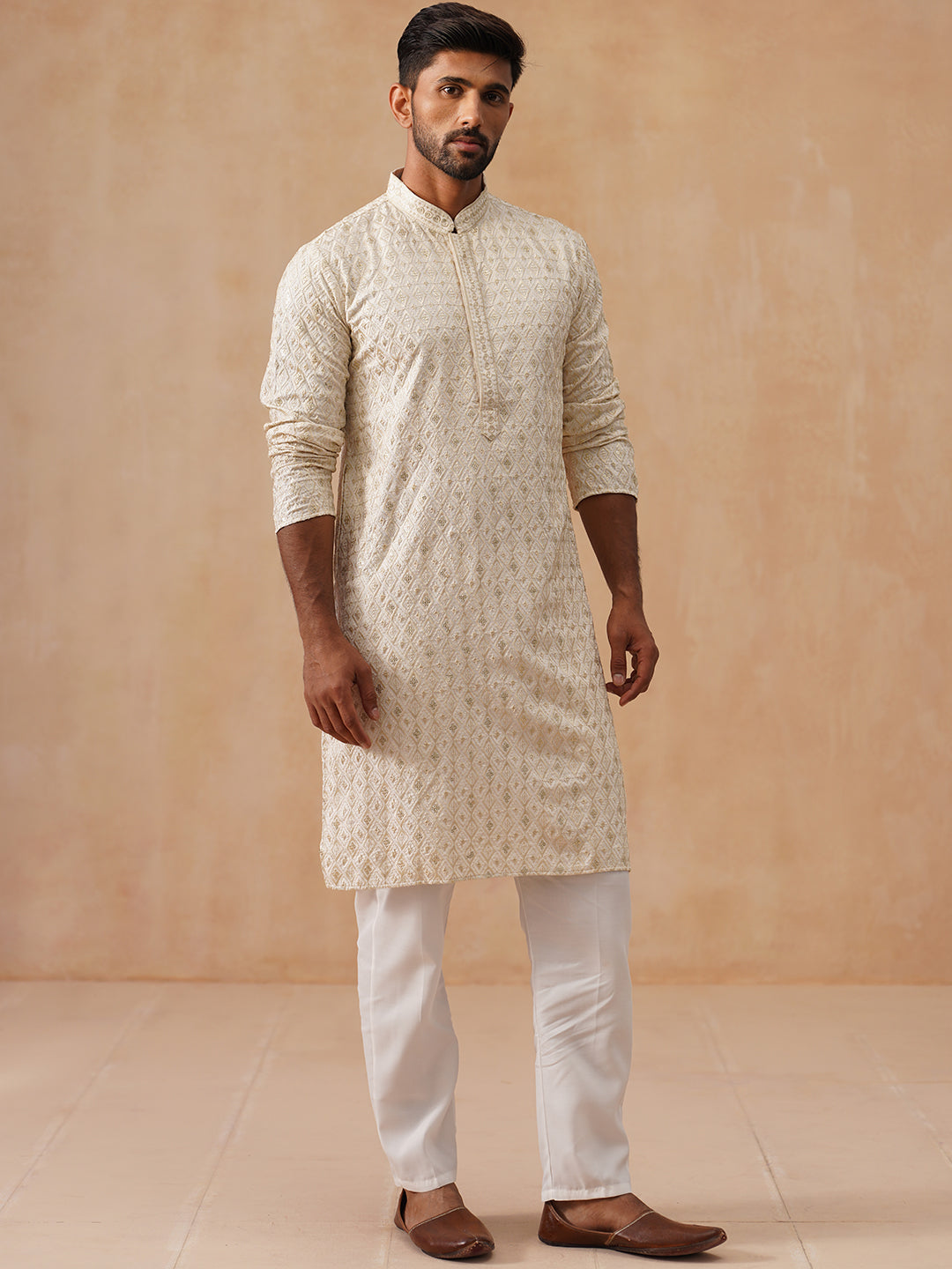Men’s Festive Kurta Set with Intricate Embroidery ( JOKP P 5293 P 5293Cream ) [FF] [ I2 ]