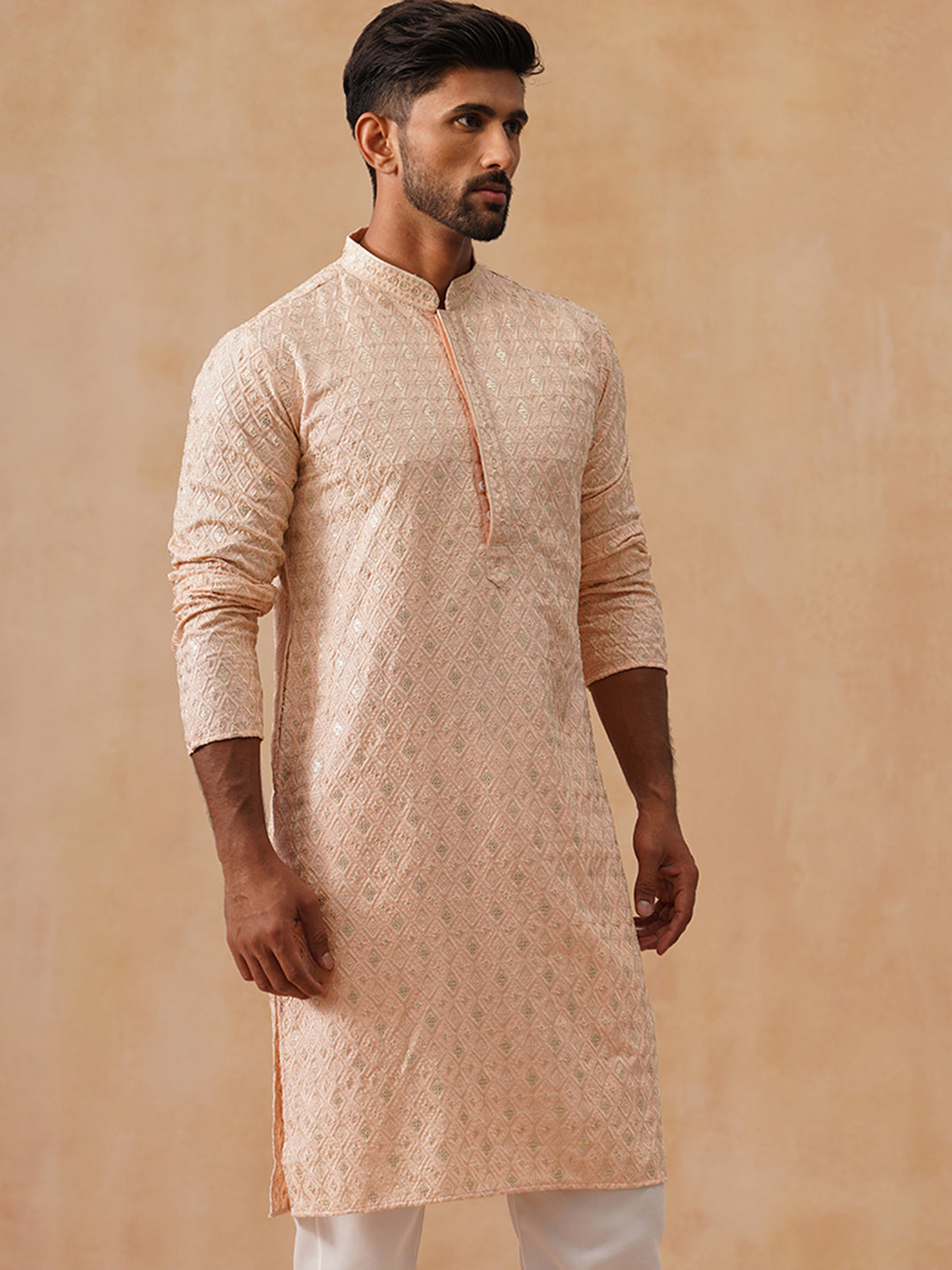 Men’s Festive Kurta with Intricate Embroidery ( KO 5293 Peach )